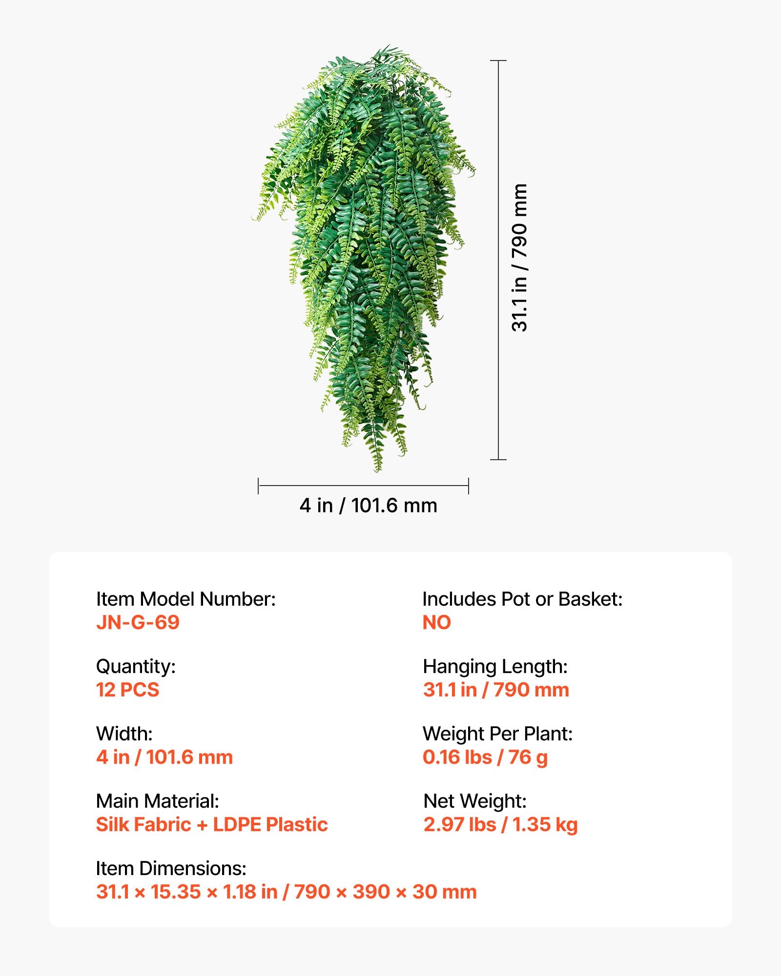 12 Pcs Artificial Boston Ferns - 32-Inch Hanging Faux Greenery for Indoor/Outdoor Decor, Wall, Wedding, Porch, Garden, Home Decor