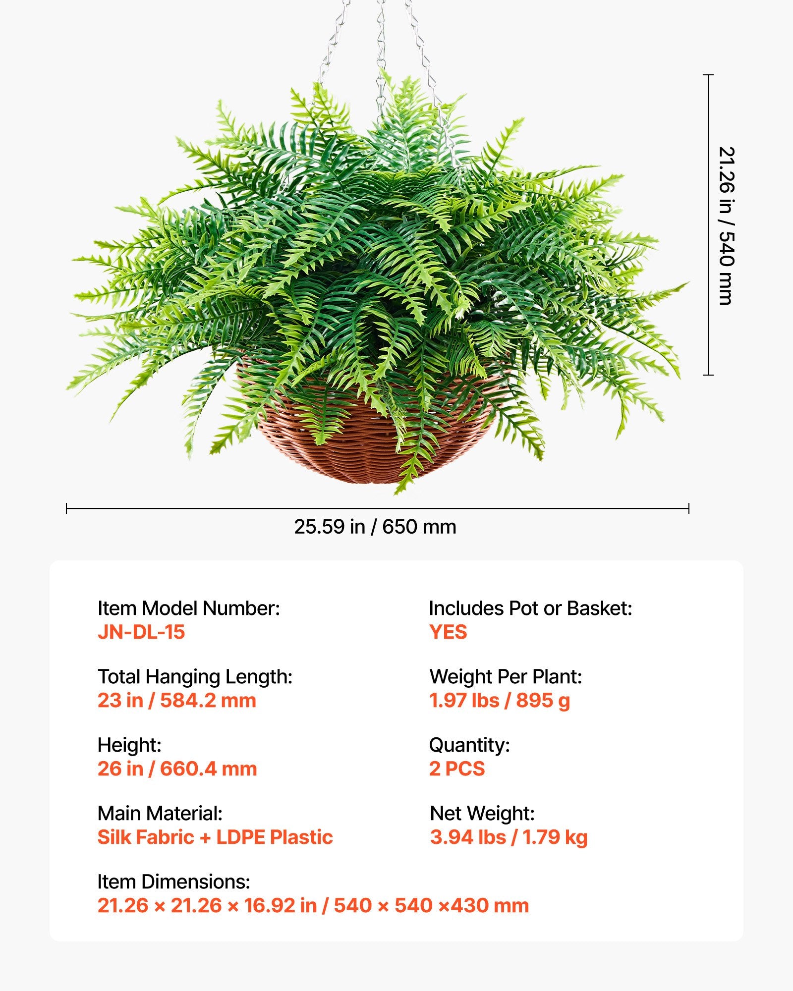 2-Pack Realistic Hanging Boston Fern Bushes - 23" Artificial Greenery for Indoor & Outdoor Decor, Weddings, Home & Office Spaces