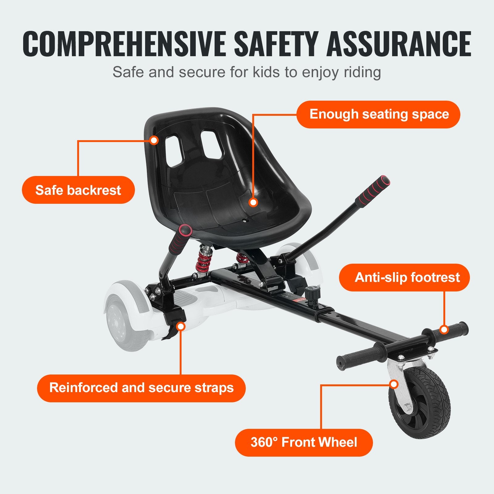 Hoverboard Seat Attachment for 6.5" to 10" Models, Dual Shock Absorption, Adjustable Length, 270 lbs Capacity, Buggy for Kids & Adults, Easy Install
