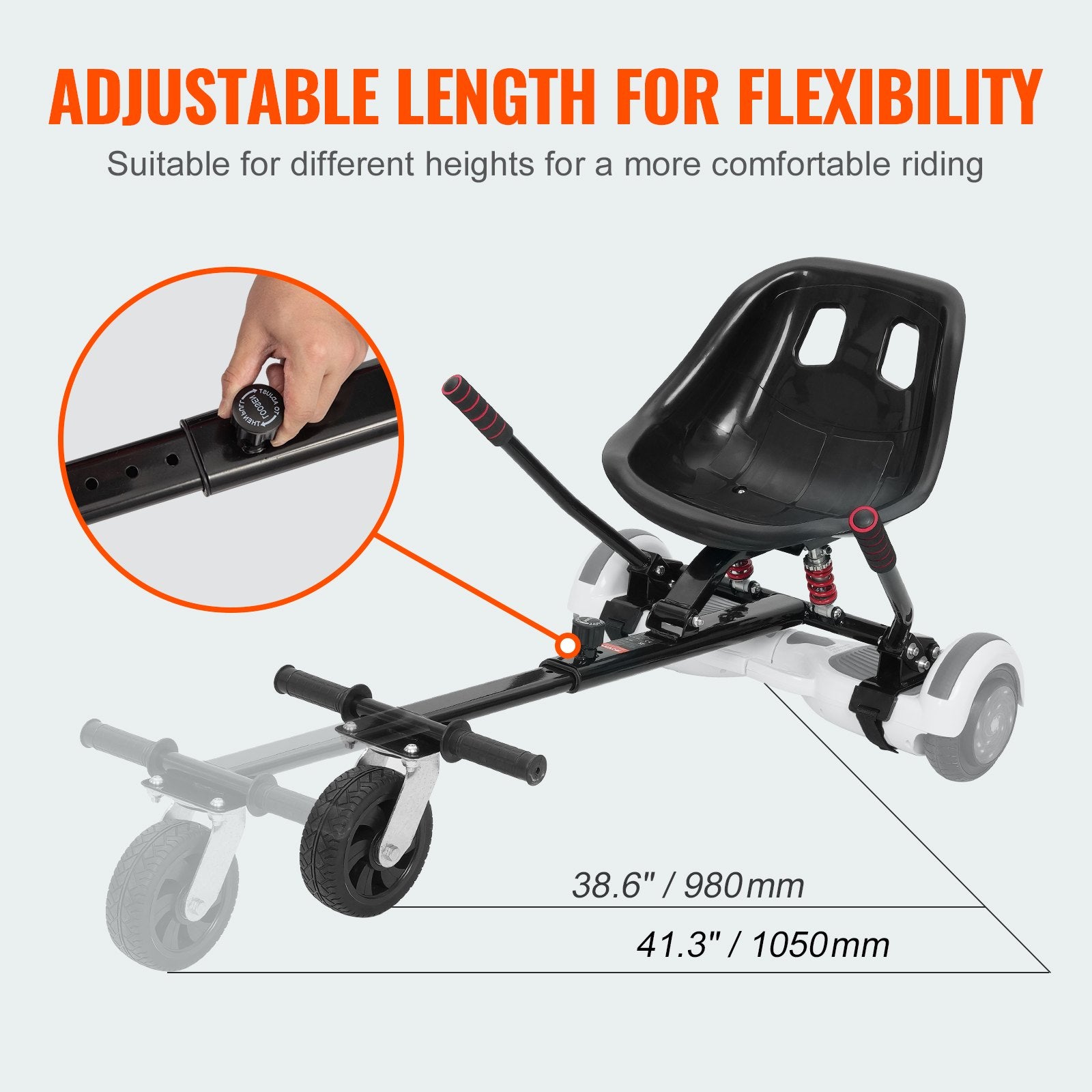 Hoverboard Seat Attachment for 6.5" to 10" Models, Dual Shock Absorption, Adjustable Length, 270 lbs Capacity, Buggy for Kids & Adults, Easy Install