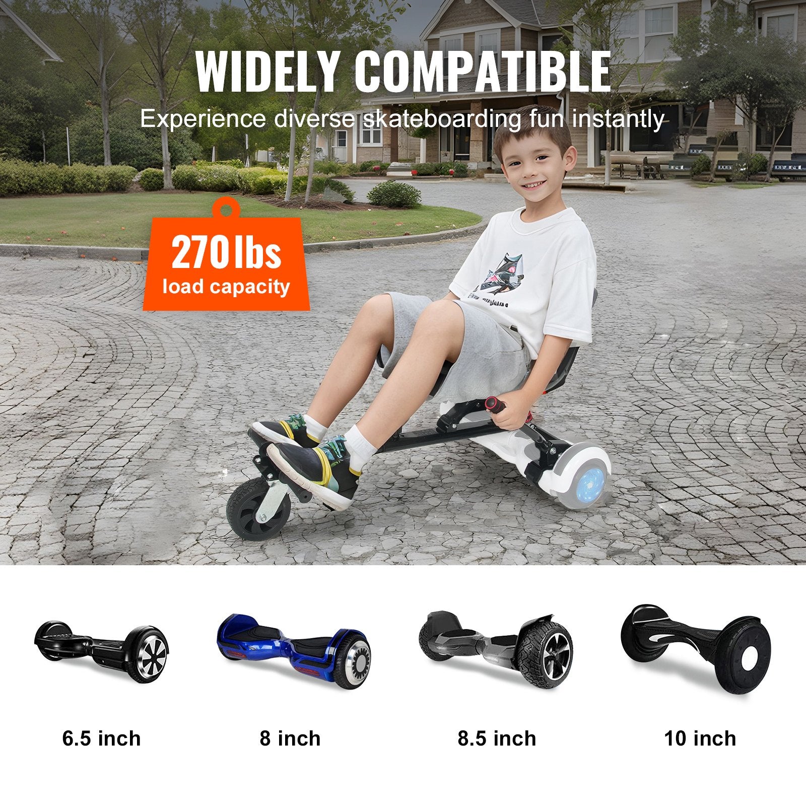 Hoverboard Seat Attachment for 6.5" to 10" Models, Dual Shock Absorption, Adjustable Length, 270 lbs Capacity, Buggy for Kids & Adults, Easy Install