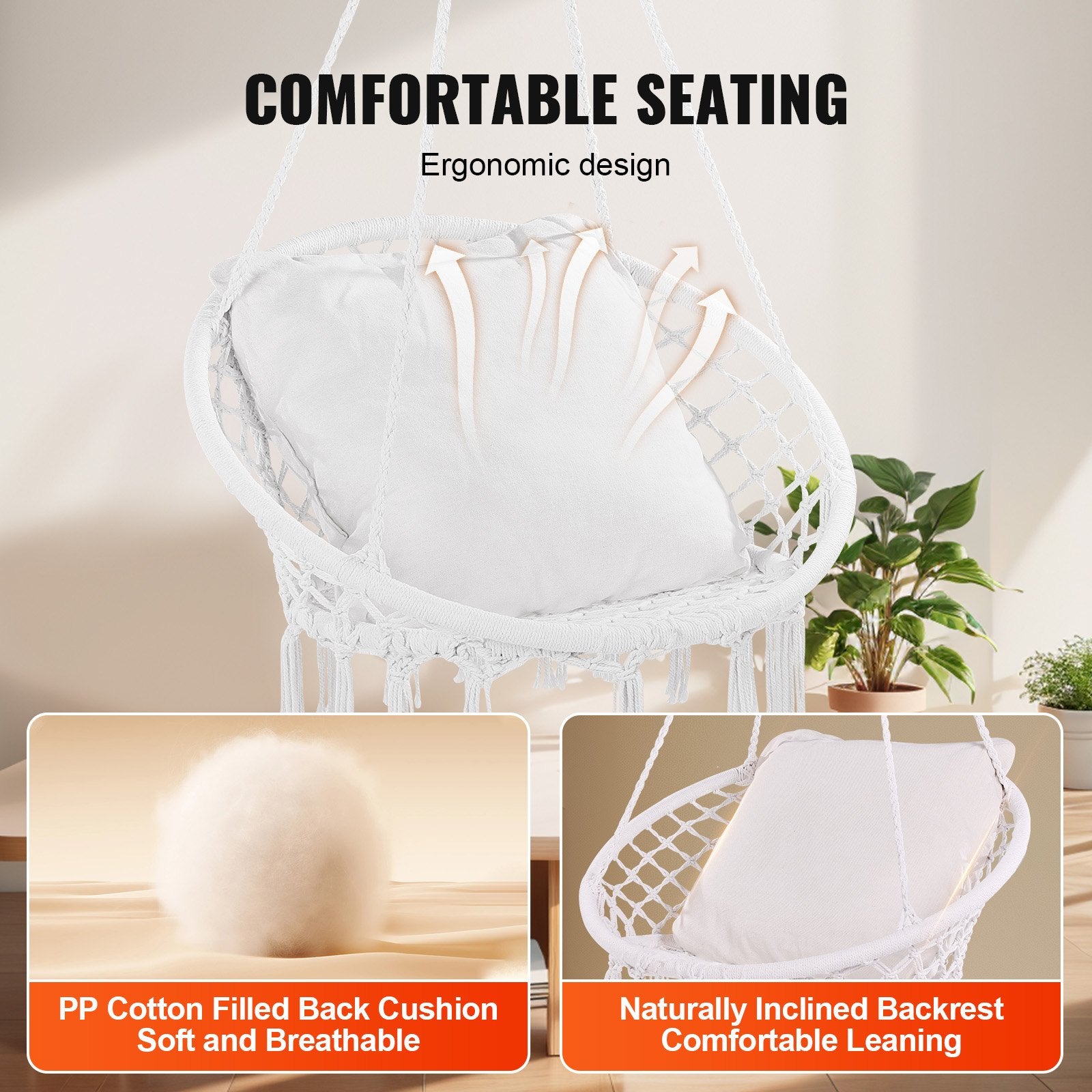 Cozy Macramé Hanging Hammock Swing Chair with Cushion - 330 lbs Capacity, White Cotton Rope for Bedroom, Patio, Garden, Easy Install & Store