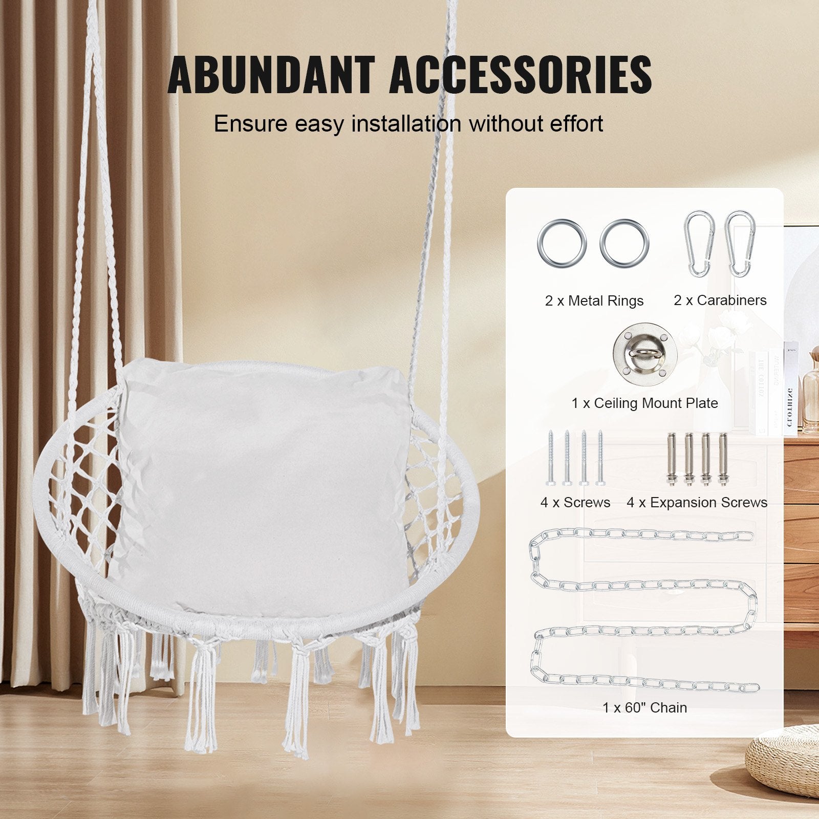 Cozy Macramé Hanging Hammock Swing Chair with Cushion - 330 lbs Capacity, White Cotton Rope for Bedroom, Patio, Garden, Easy Install & Store