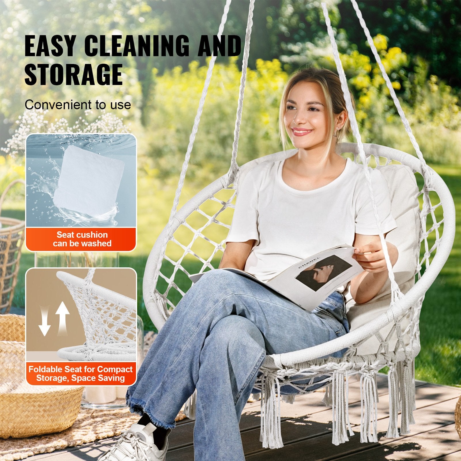 Cozy Macramé Hanging Hammock Swing Chair with Cushion - 330 lbs Capacity, White Cotton Rope for Bedroom, Patio, Garden, Easy Install & Store