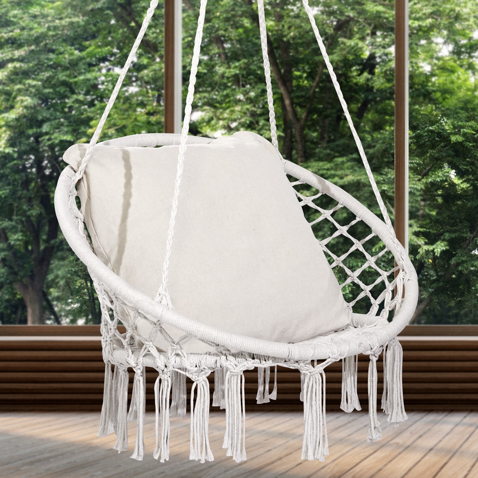 Cozy Macramé Hanging Hammock Swing Chair with Cushion - 330 lbs Capacity, White Cotton Rope for Bedroom, Patio, Garden, Easy Install & Store