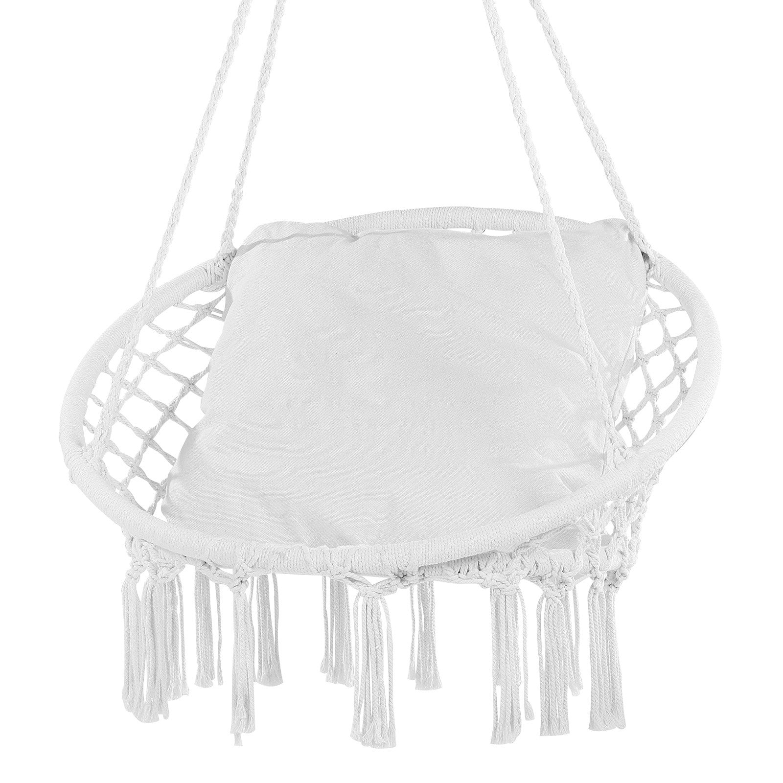 Cozy Macramé Hanging Hammock Swing Chair with Cushion - 330 lbs Capacity, White Cotton Rope for Bedroom, Patio, Garden, Easy Install & Store
