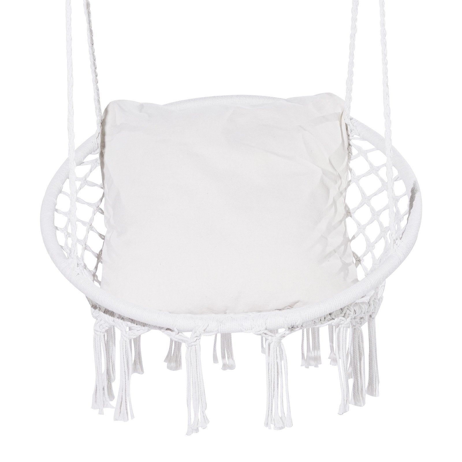 Cozy Macramé Hanging Hammock Swing Chair with Cushion - 330 lbs Capacity, White Cotton Rope for Bedroom, Patio, Garden, Easy Install & Store