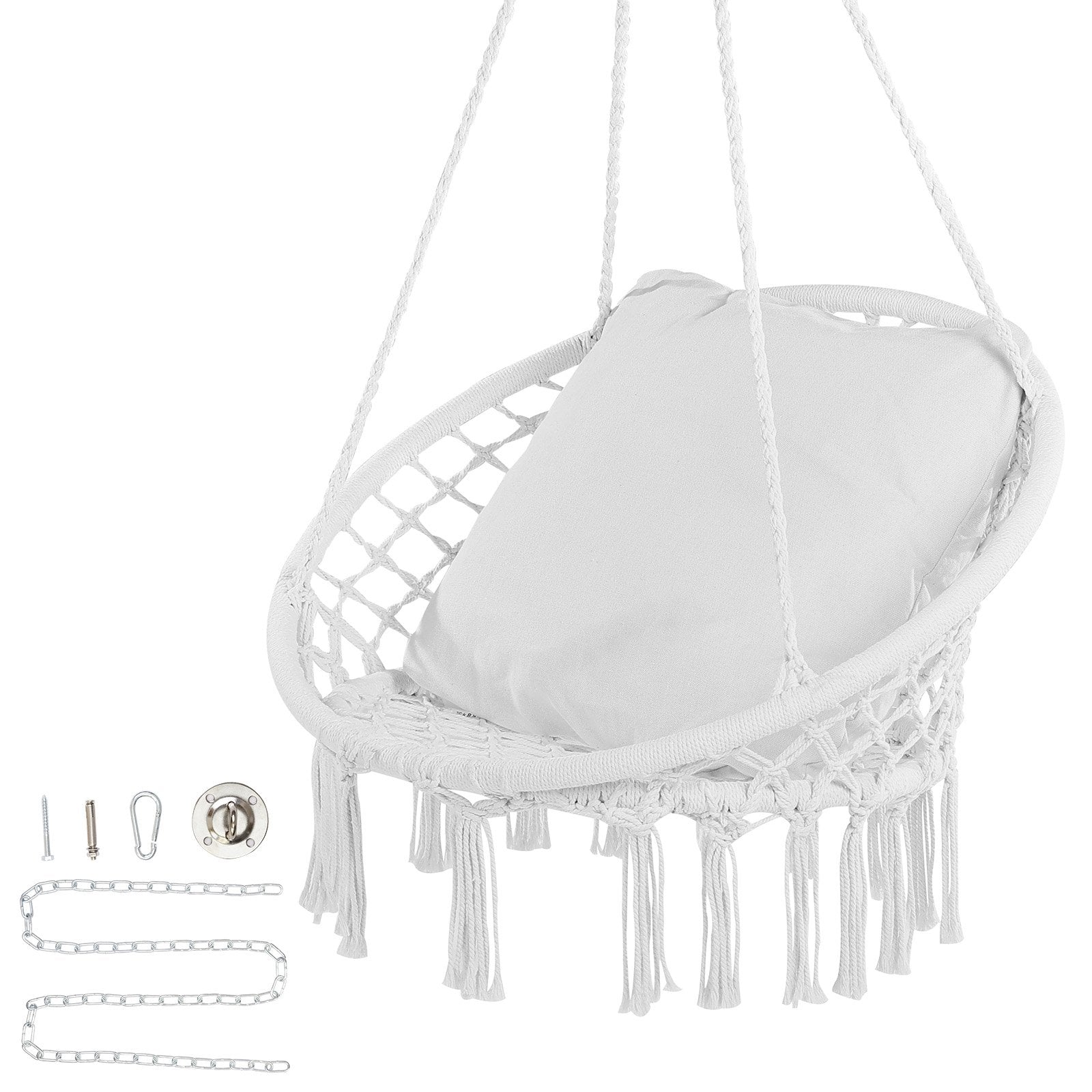 Cozy Macramé Hanging Hammock Swing Chair with Cushion - 330 lbs Capacity, White Cotton Rope for Bedroom, Patio, Garden, Easy Install & Store