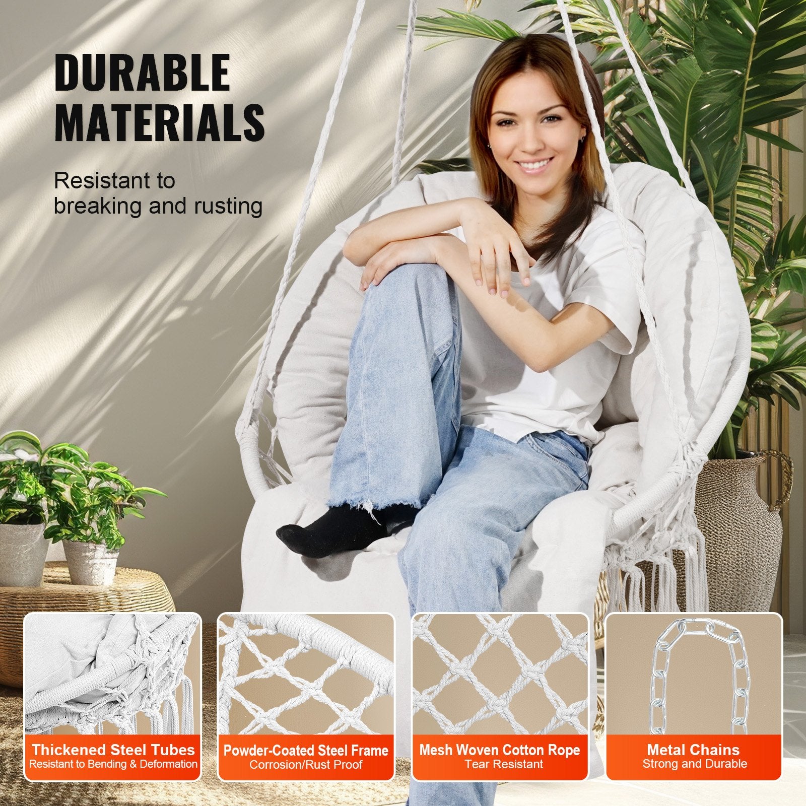 Beige Macramé Hanging Hammock Swing Chair with Cushion & Mounting Hardware, 330 Lbs Capacity for Bedroom, Patio, Garden, Balcony Relaxation