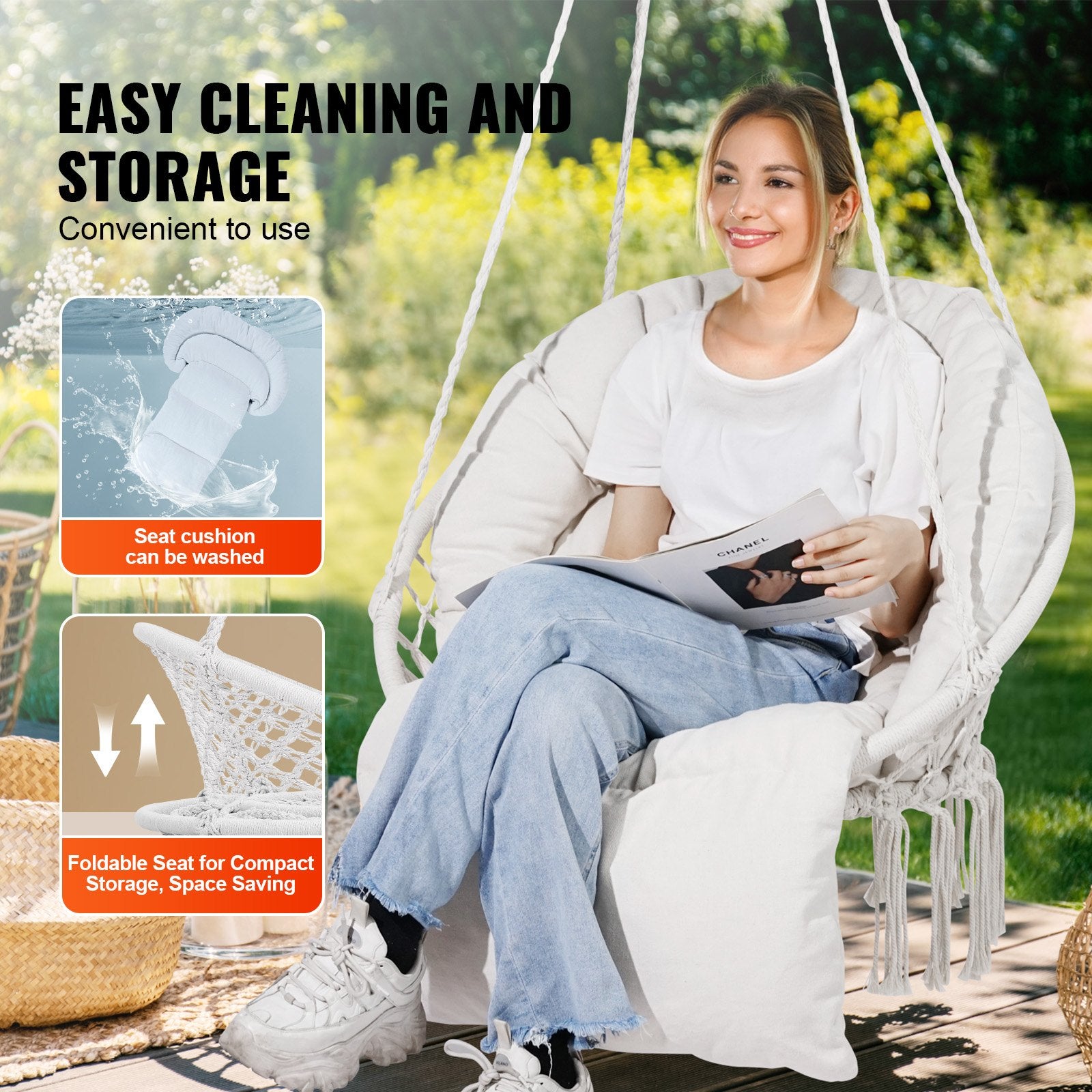 Beige Macramé Hanging Hammock Swing Chair with Cushion & Mounting Hardware, 330 Lbs Capacity for Bedroom, Patio, Garden, Balcony Relaxation