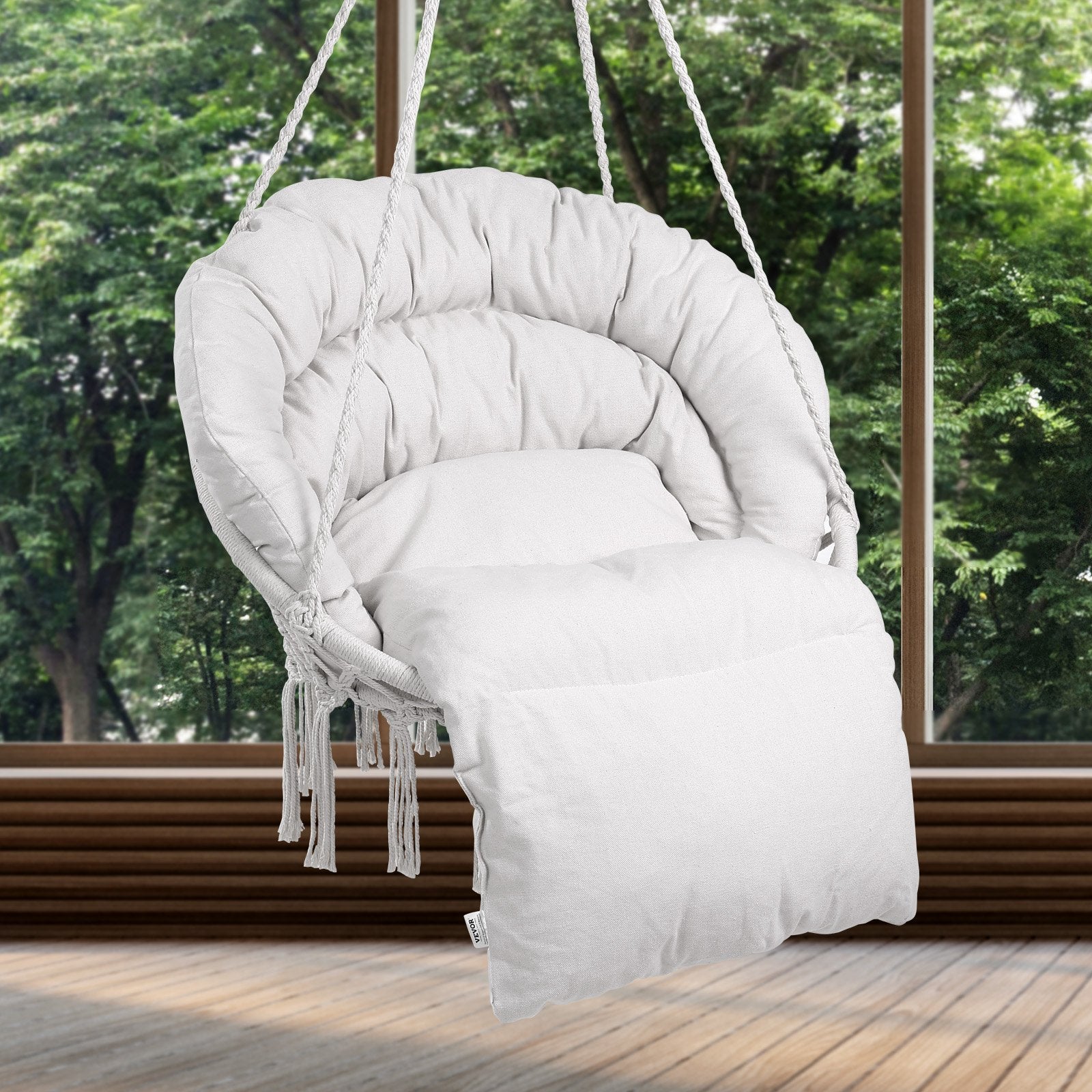 Beige Macramé Hanging Hammock Swing Chair with Cushion & Mounting Hardware, 330 Lbs Capacity for Bedroom, Patio, Garden, Balcony Relaxation