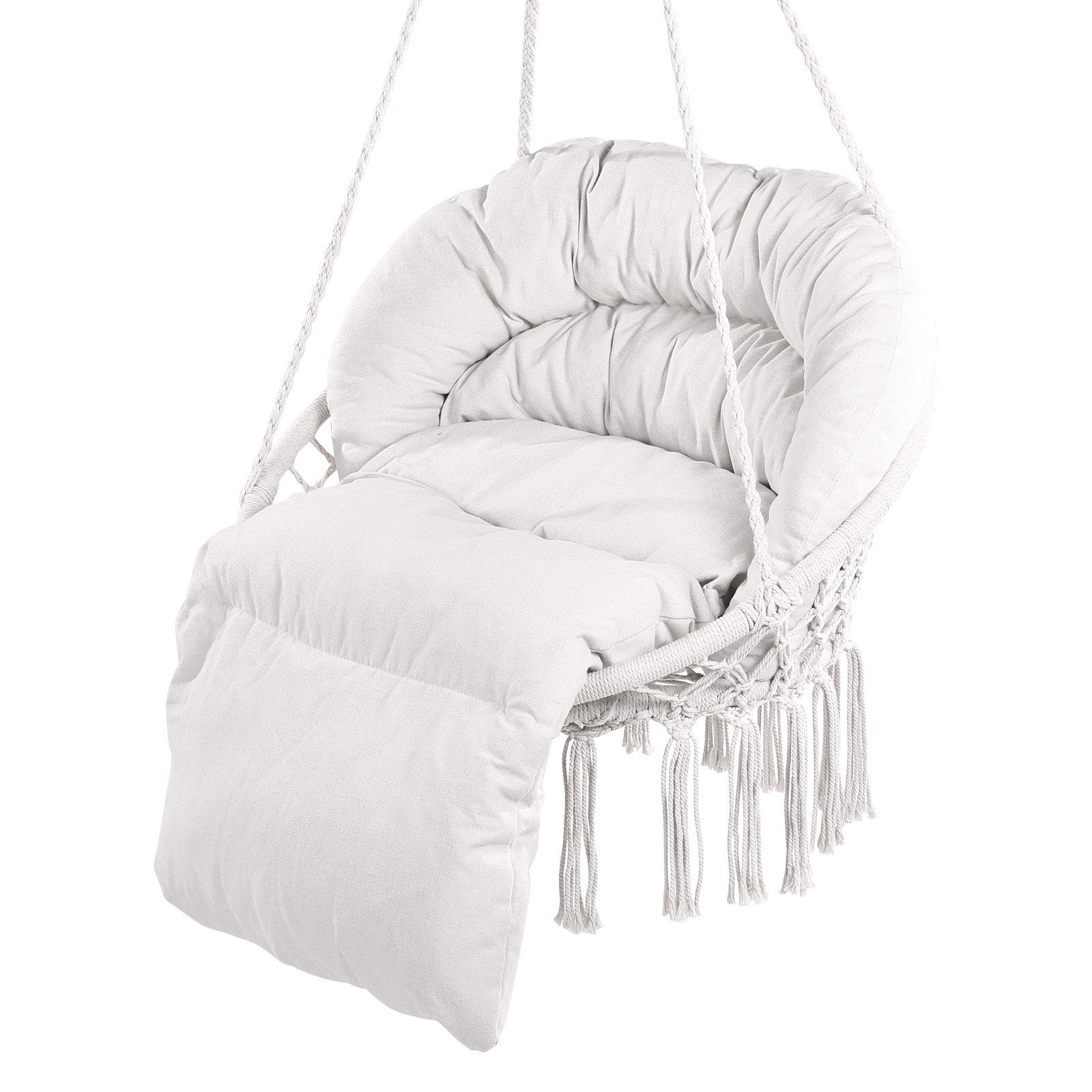 Beige Macramé Hanging Hammock Swing Chair with Cushion & Mounting Hardware, 330 Lbs Capacity for Bedroom, Patio, Garden, Balcony Relaxation