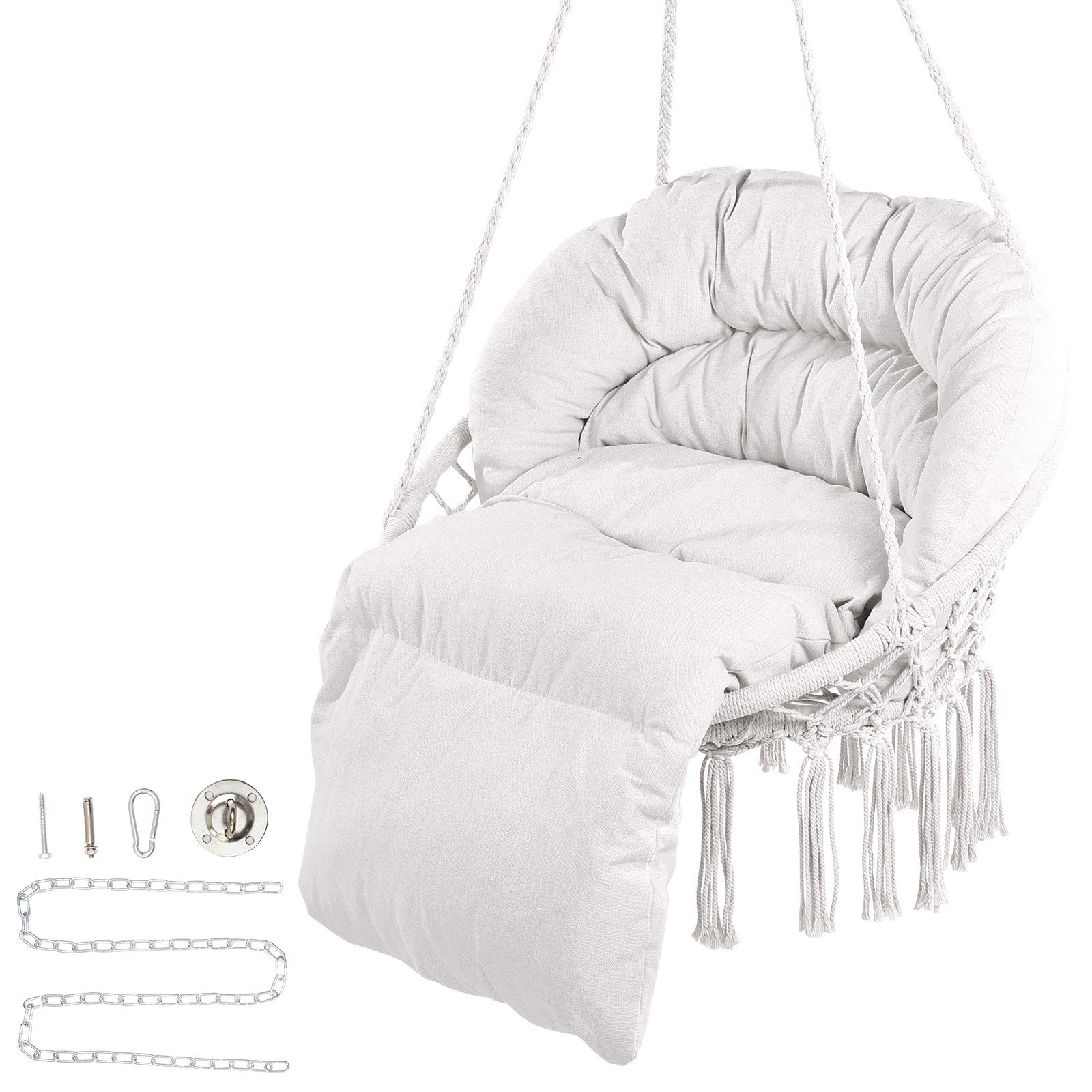 Beige Macramé Hanging Hammock Swing Chair with Cushion & Mounting Hardware, 330 Lbs Capacity for Bedroom, Patio, Garden, Balcony Relaxation