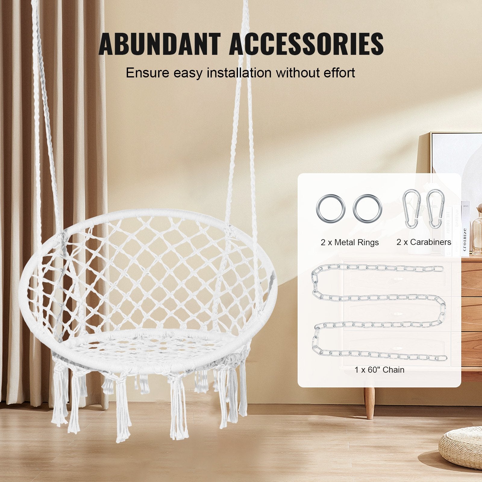 Elegant Macramé Hanging Hammock Swing Chair, 330 Lbs Capacity, White Cotton Rope for Bedroom, Balcony, Patio, Garden - Easy Install & Store