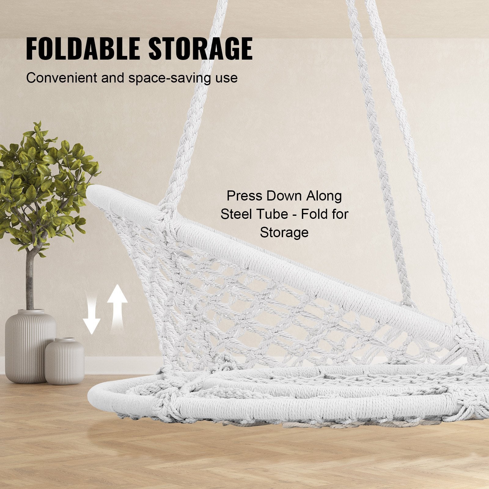 Elegant Macramé Hanging Hammock Swing Chair, 330 Lbs Capacity, White Cotton Rope for Bedroom, Balcony, Patio, Garden - Easy Install & Store