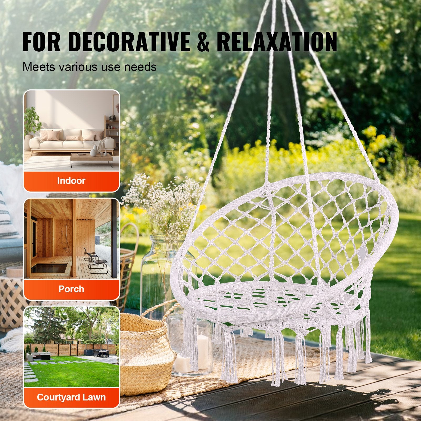 Elegant Macramé Hanging Hammock Swing Chair, 330 Lbs Capacity, White Cotton Rope for Bedroom, Balcony, Patio, Garden - Easy Install & Store