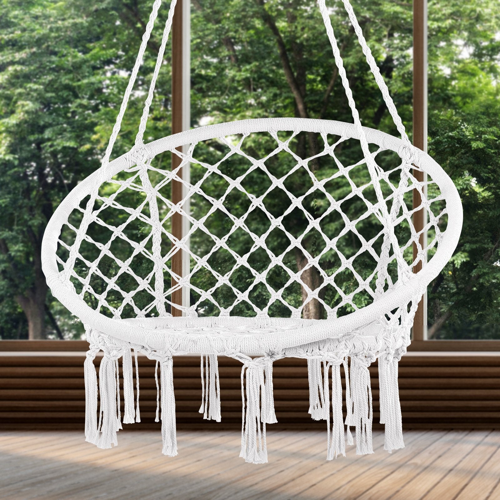 Elegant Macramé Hanging Hammock Swing Chair, 330 Lbs Capacity, White Cotton Rope for Bedroom, Balcony, Patio, Garden - Easy Install & Store