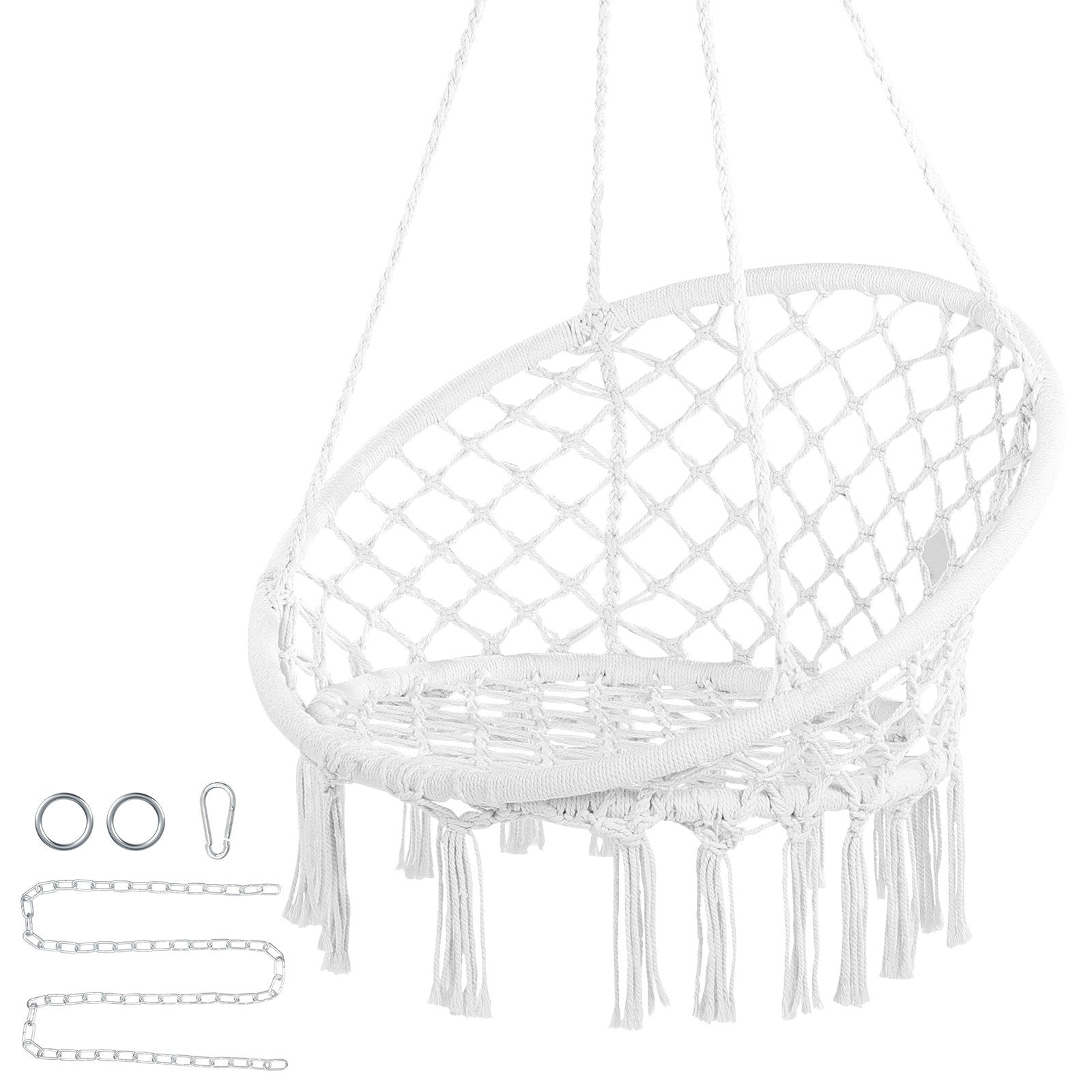 Elegant Macramé Hanging Hammock Swing Chair, 330 Lbs Capacity, White Cotton Rope for Bedroom, Balcony, Patio, Garden - Easy Install & Store