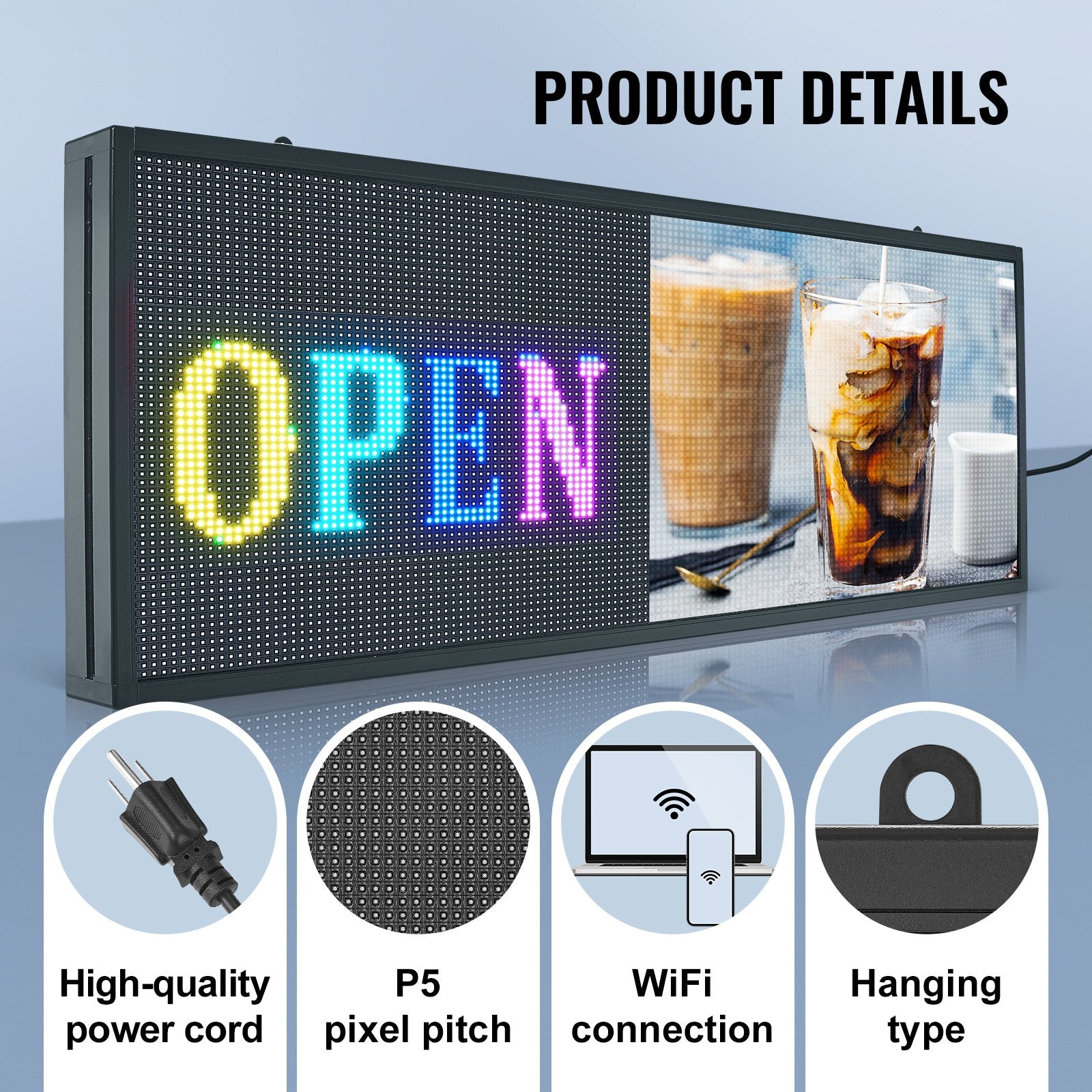 Customizable LED Display Board - P5 Full Color Scrolling Sign with WiFi/USB Control for Business, Store, Bar, Party Advertising 27"x14"
