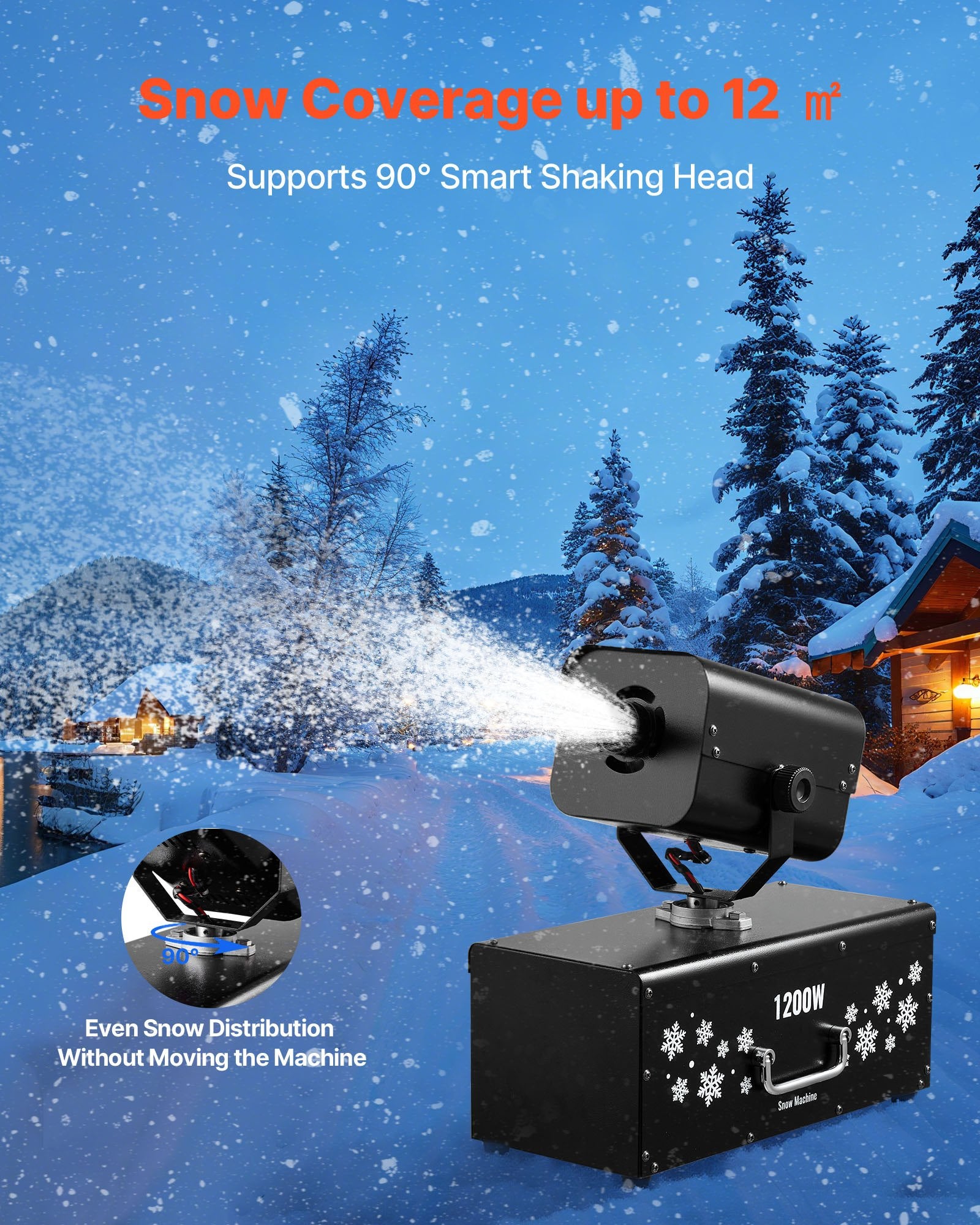 High-Power 1200W Snow Machine with 90° Oscillation & Wireless Remote for Stunning Christmas, Wedding, & Party Snowflake Effects