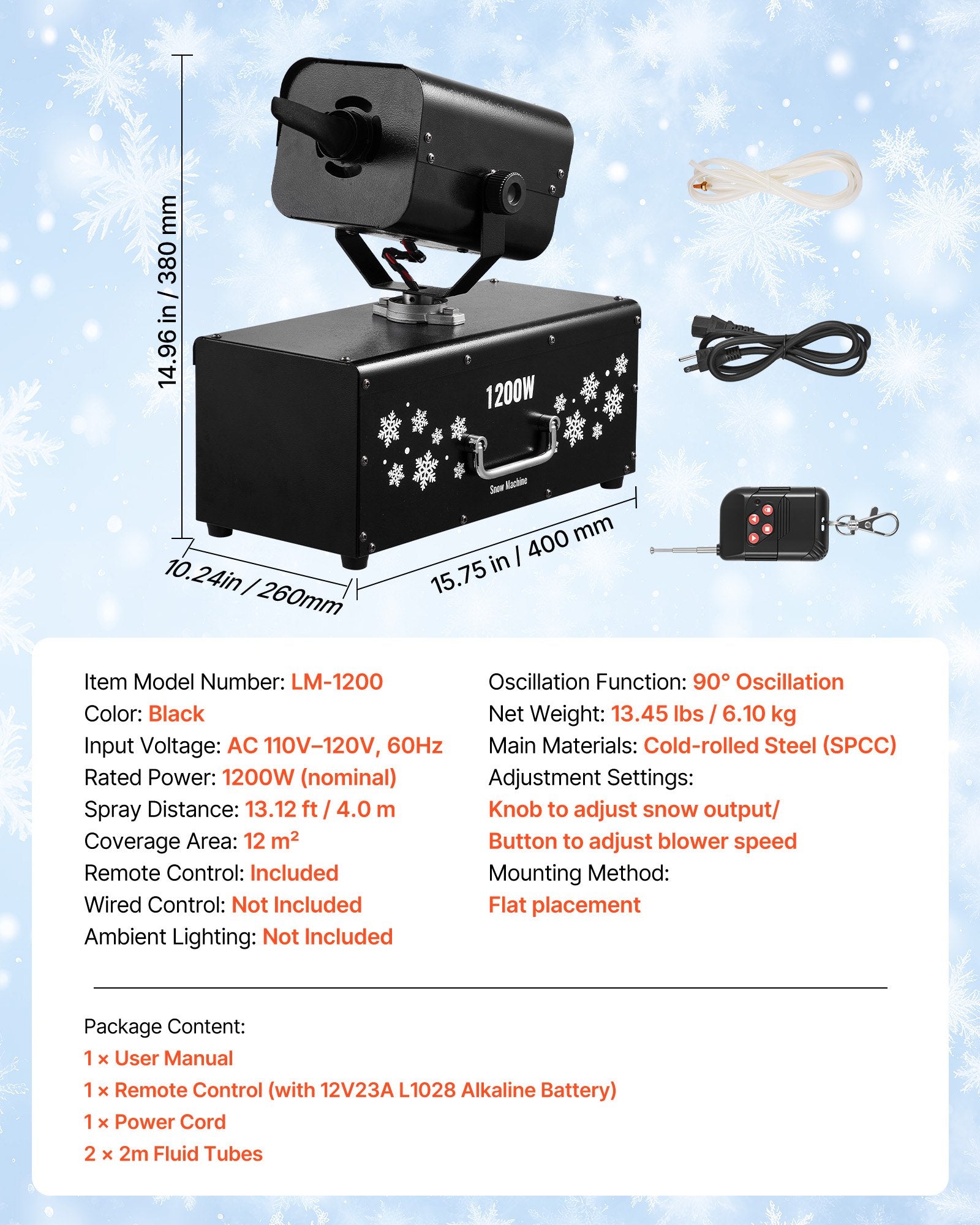 High-Power 1200W Snow Machine with 90° Oscillation & Wireless Remote for Stunning Christmas, Wedding, & Party Snowflake Effects