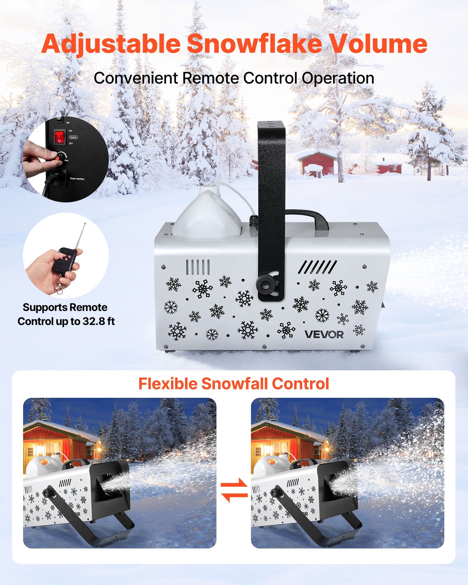 High-Output 1500W Snow Machine with Remote Control for Weddings, Parties & Stage Effects - Portable 5L Tank, Versatile Hanging/Handheld Design
