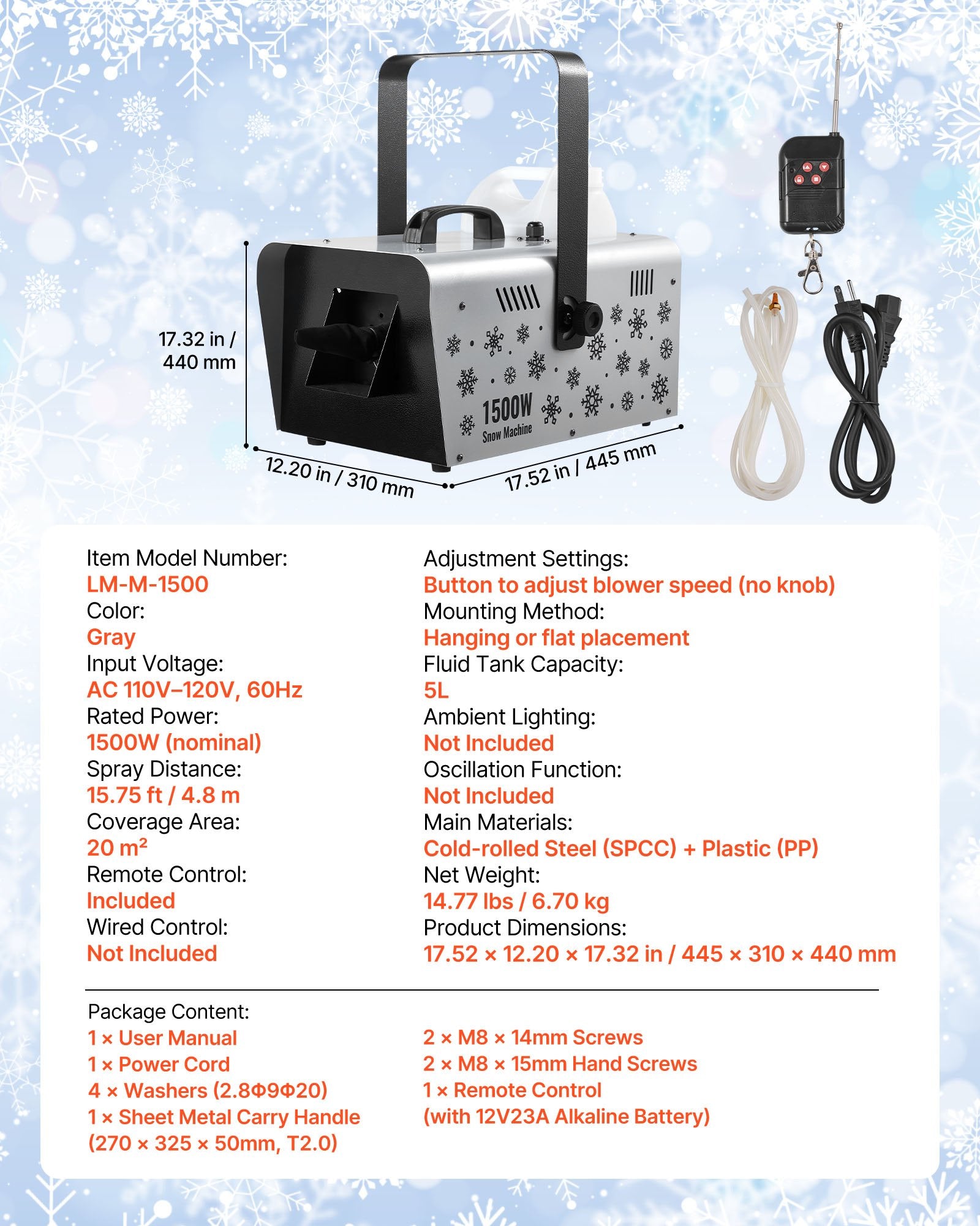 High-Output 1500W Snow Machine with Remote Control for Weddings, Parties & Stage Effects - Portable 5L Tank, Versatile Hanging/Handheld Design