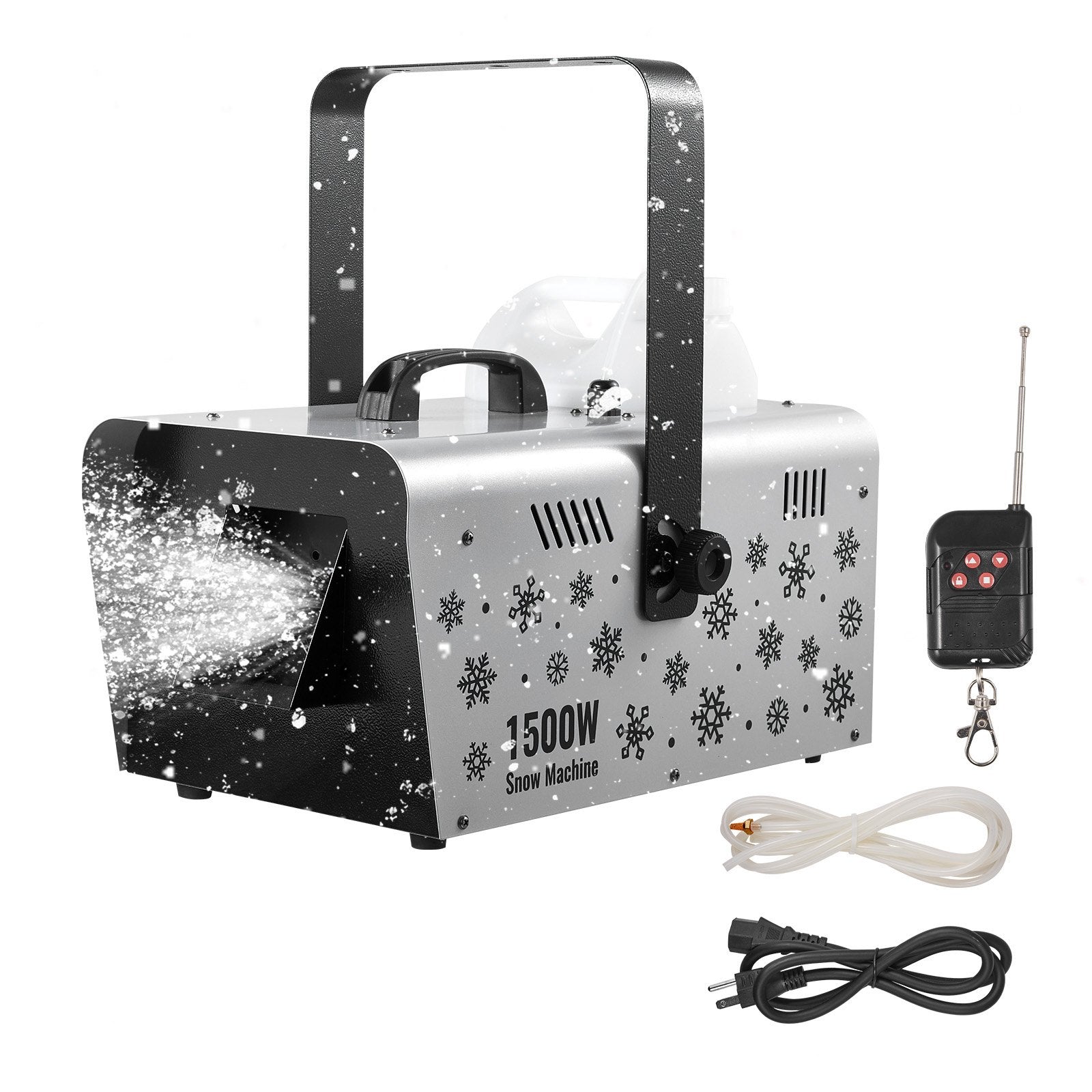 High-Output 1500W Snow Machine with Remote Control for Weddings, Parties & Stage Effects - Portable 5L Tank, Versatile Hanging/Handheld Design