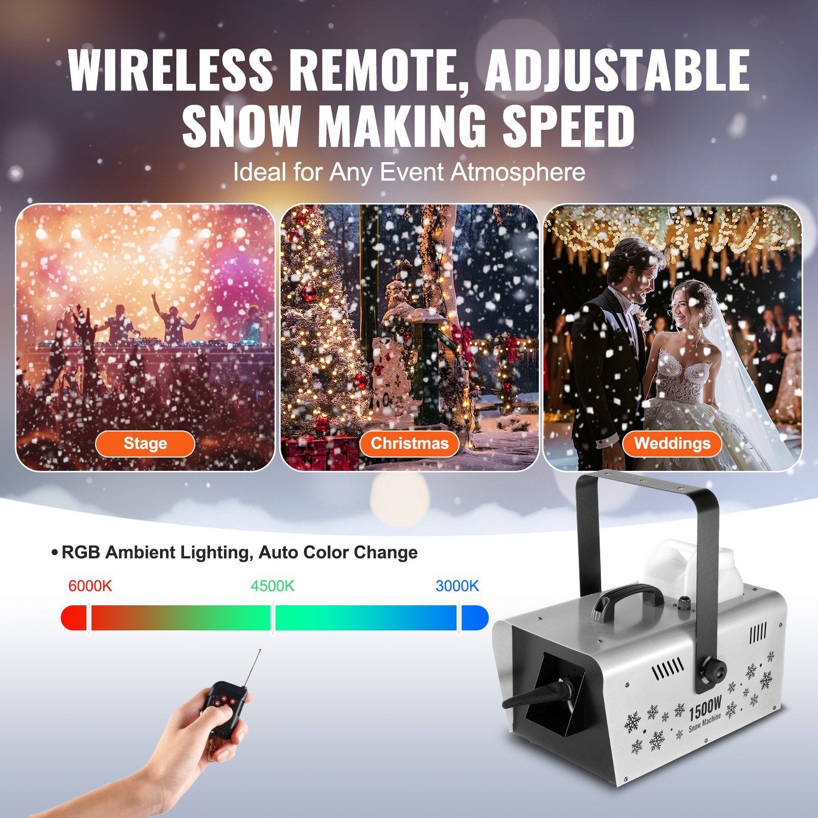 High-Power 1500W Snow Machine with Dual Remotes, 5L Tank for Stunning Snowflake Effects - Ideal for Weddings, Holidays & Parties