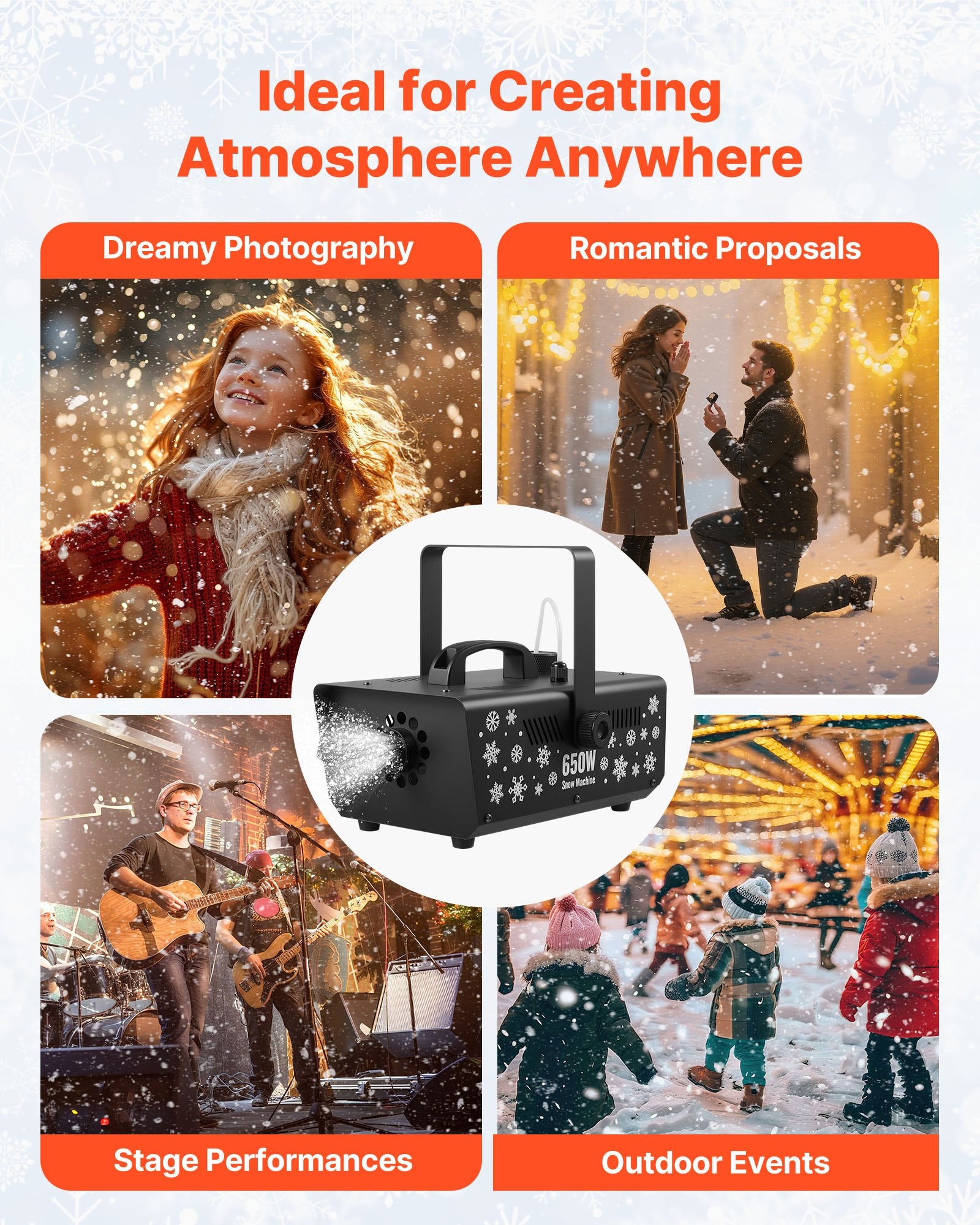 650W Portable Snow Machine for Indoor/Outdoor Use - Perfect Artificial Snowflake Maker for DJ Events & Christmas Decor