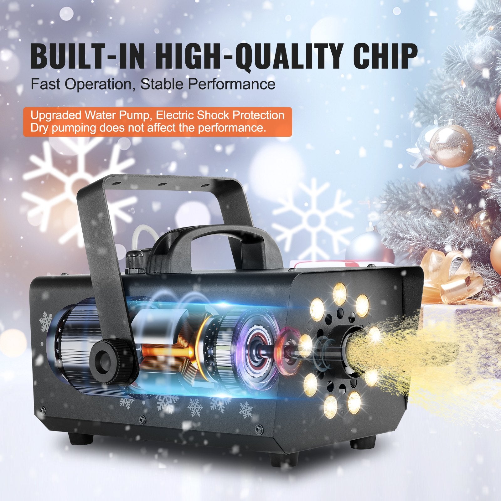 800W Snow Machine with 8 LED RGB Lights - High Output Snowflake Maker for Christmas, Weddings, Parties, and Events, 15.75 ft Coverage