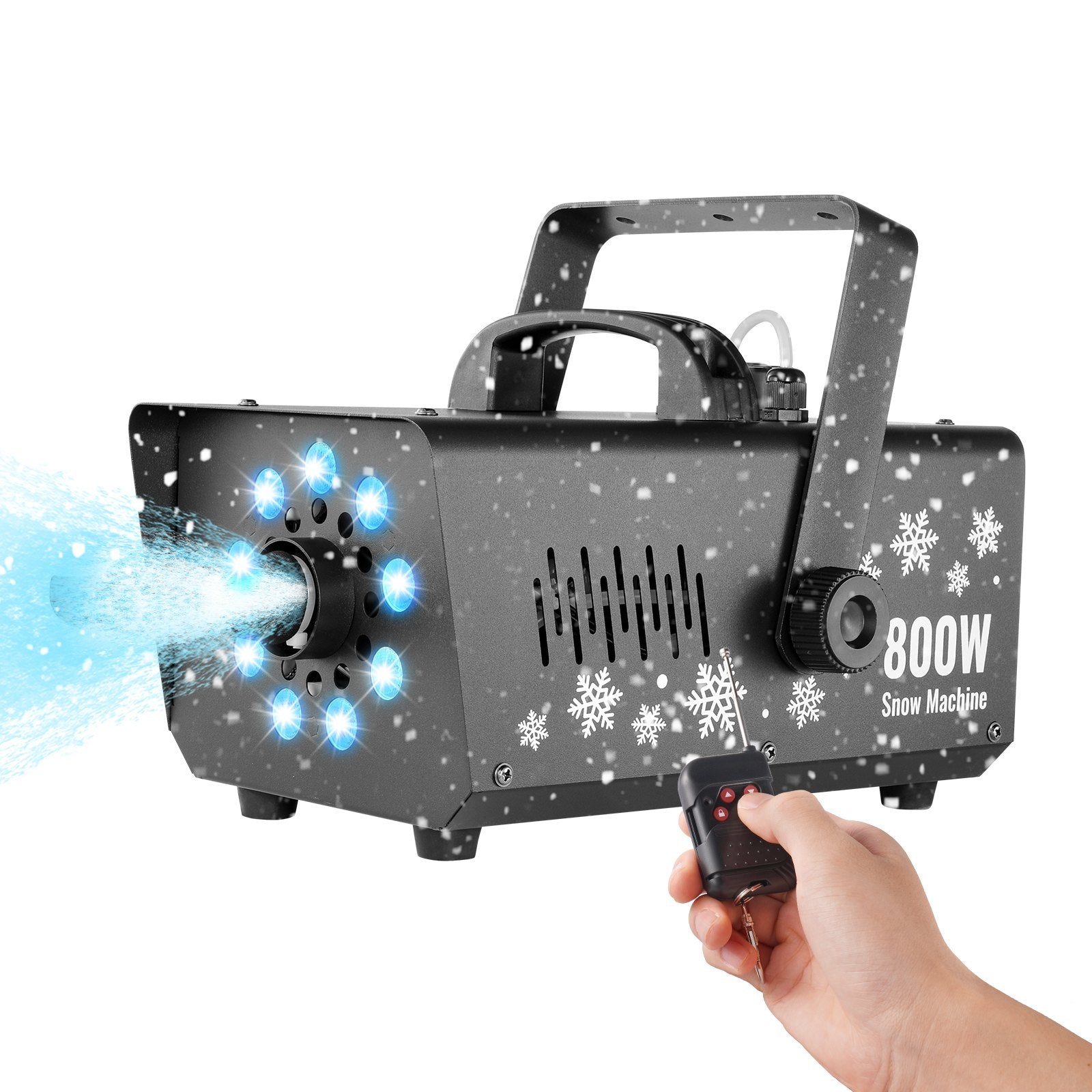 800W Snow Machine with 8 LED RGB Lights - High Output Snowflake Maker for Christmas, Weddings, Parties, and Events, 15.75 ft Coverage