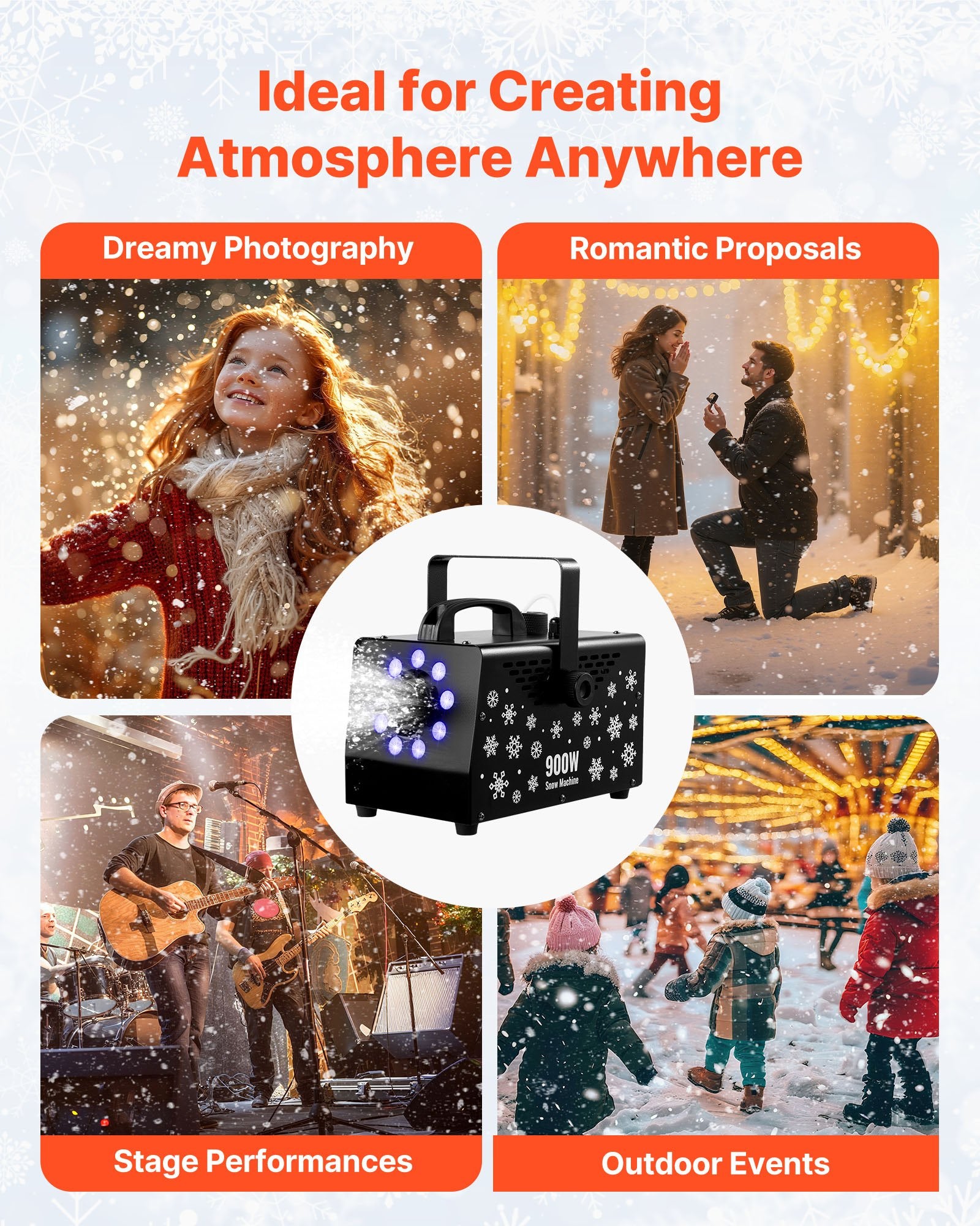 900W Snow Machine with RGB LED Lights & Wireless Remote | Perfect for Christmas Parties, Outdoor Events, Fake Snow, 1L Capacity