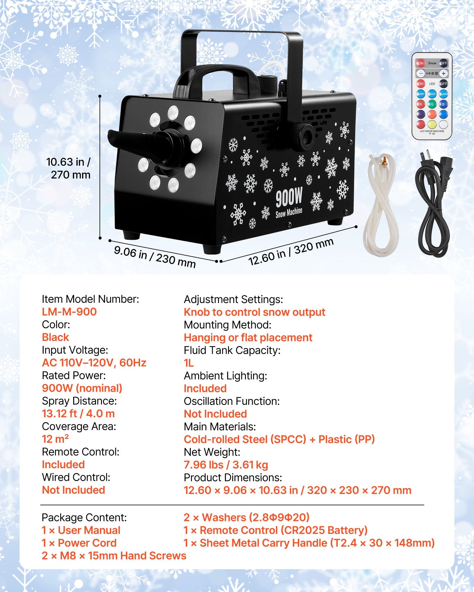 900W Snow Machine with RGB LED Lights & Wireless Remote | Perfect for Christmas Parties, Outdoor Events, Fake Snow, 1L Capacity