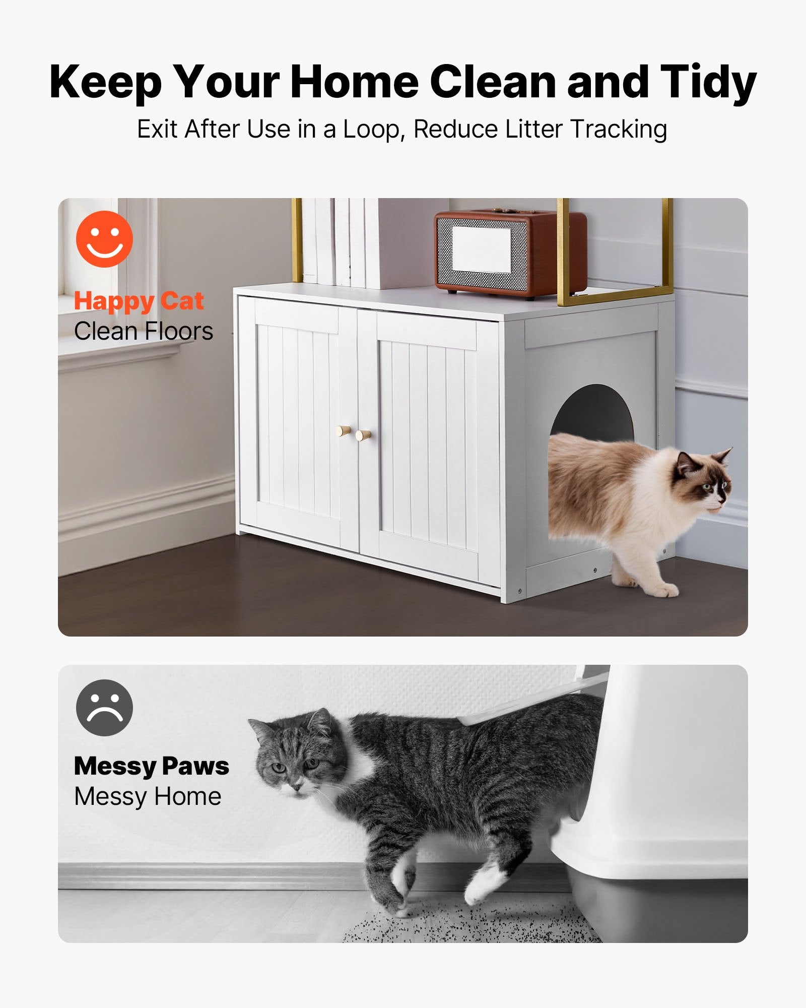Modern Cat Litter Box Enclosure Cabinet with Metal Legs, Hidden Washroom Furniture, 2-Tier Shelves, Waterproof Housing Solution
