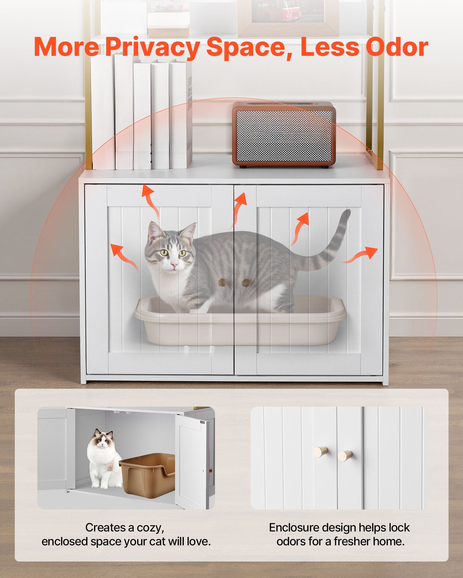 Modern Cat Litter Box Enclosure Cabinet with Metal Legs, Hidden Washroom Furniture, 2-Tier Shelves, Waterproof Housing Solution