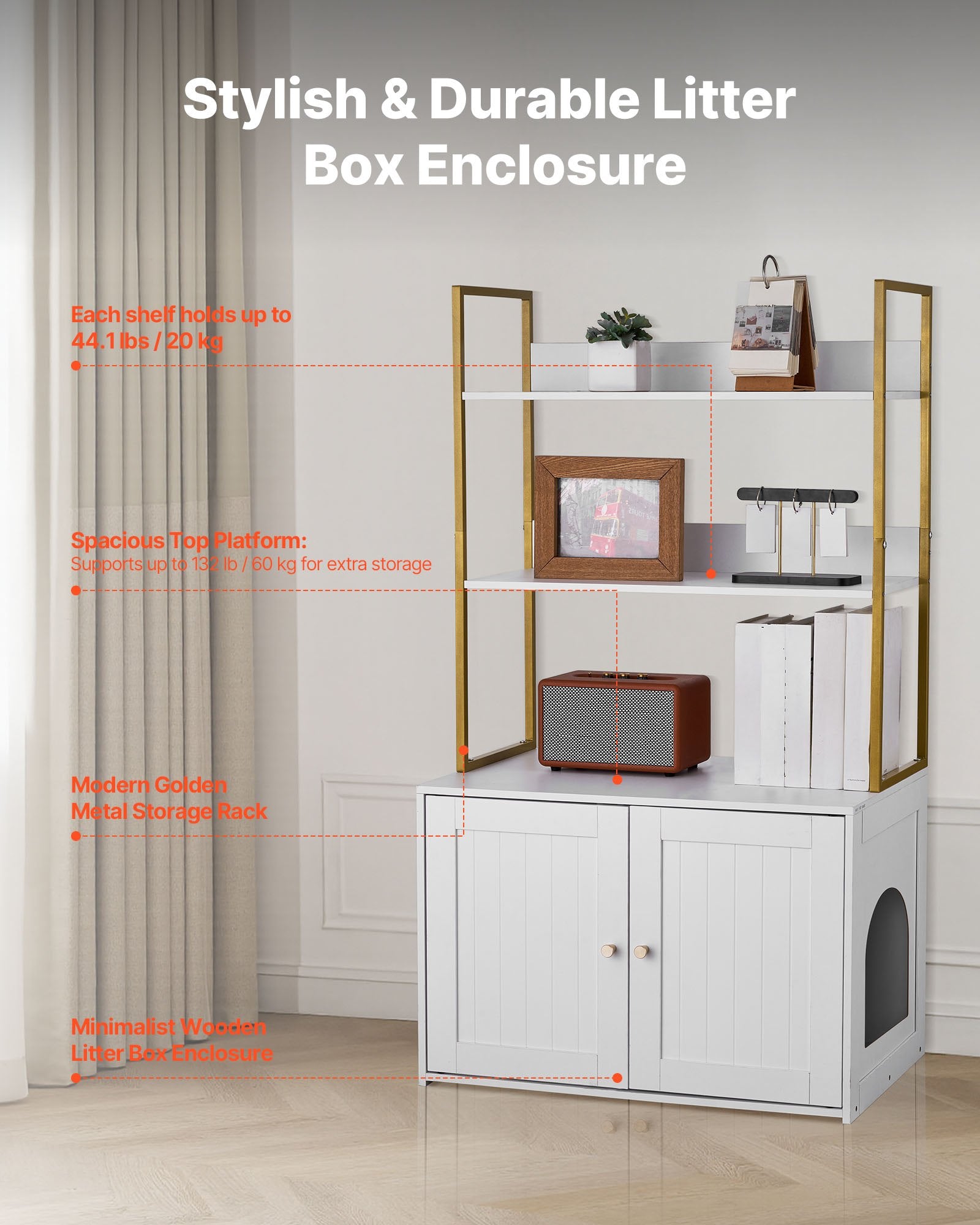 Modern Cat Litter Box Enclosure Cabinet with Metal Legs, Hidden Washroom Furniture, 2-Tier Shelves, Waterproof Housing Solution
