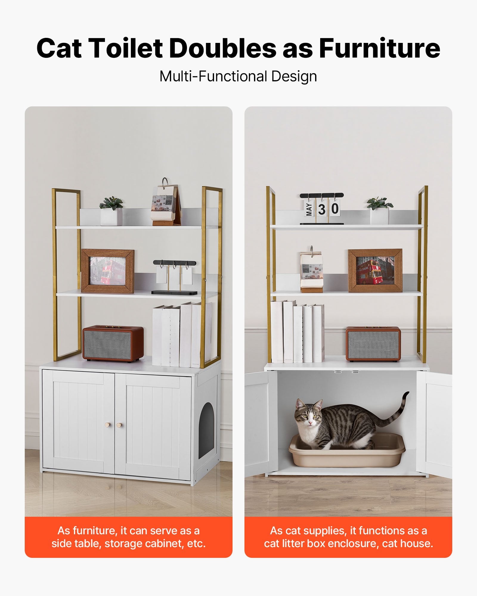 Modern Cat Litter Box Enclosure Cabinet with Metal Legs, Hidden Washroom Furniture, 2-Tier Shelves, Waterproof Housing Solution