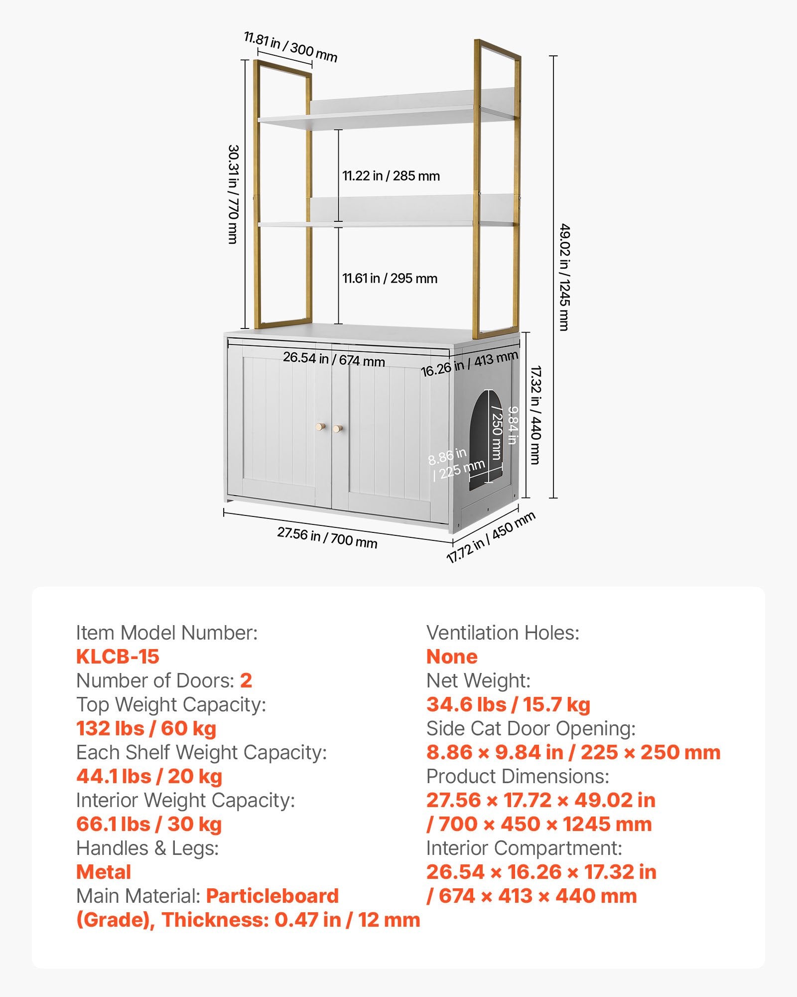 Modern Cat Litter Box Enclosure Cabinet with Metal Legs, Hidden Washroom Furniture, 2-Tier Shelves, Waterproof Housing Solution