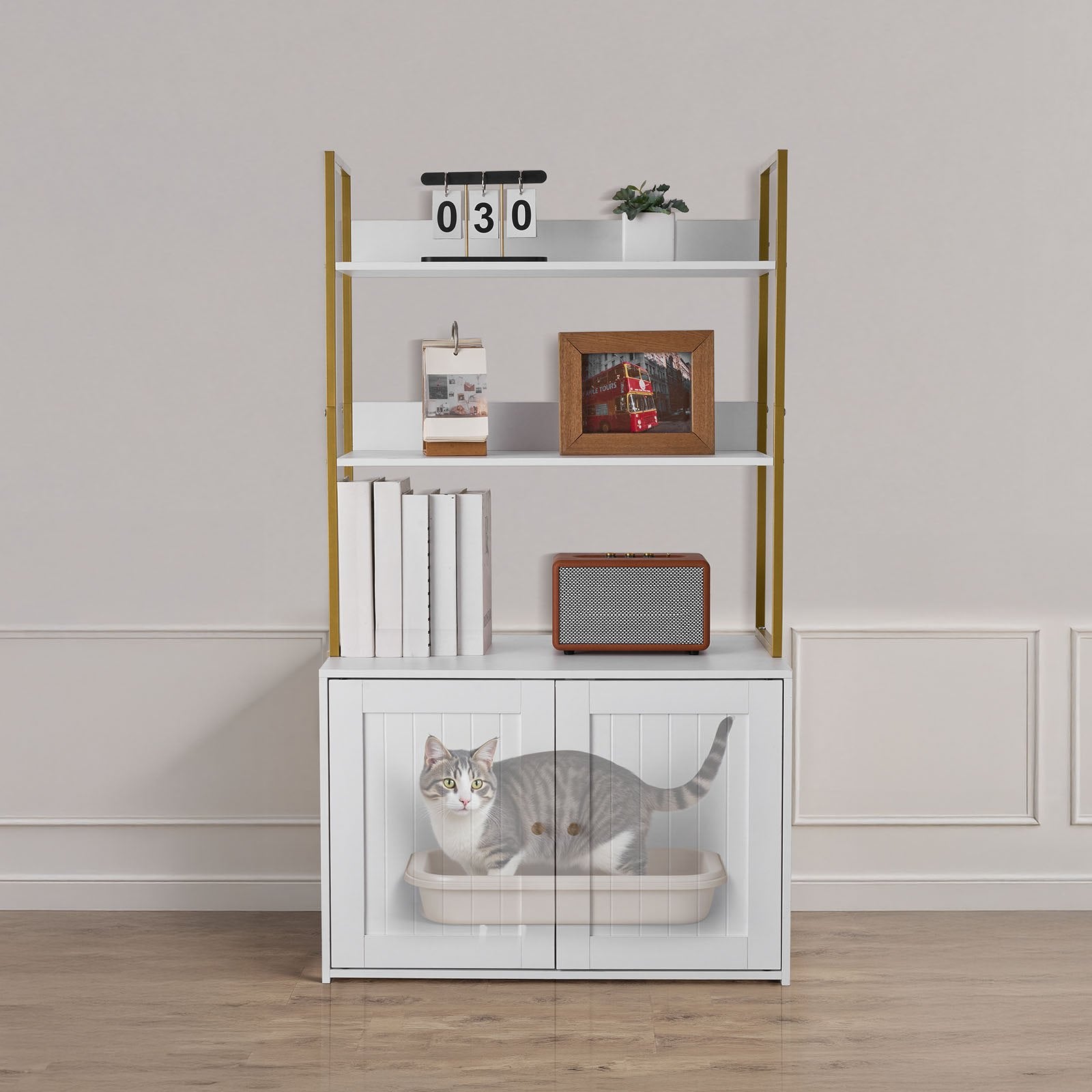 Modern Cat Litter Box Enclosure Cabinet with Metal Legs, Hidden Washroom Furniture, 2-Tier Shelves, Waterproof Housing Solution
