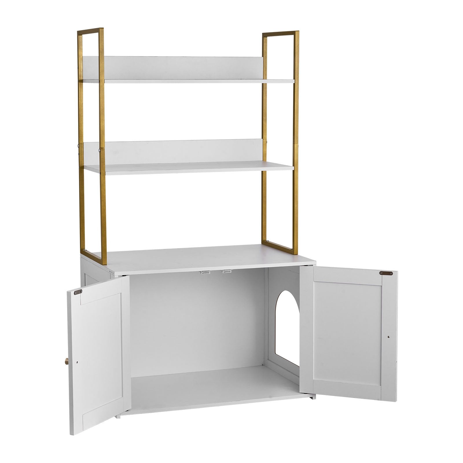 Modern Cat Litter Box Enclosure Cabinet with Metal Legs, Hidden Washroom Furniture, 2-Tier Shelves, Waterproof Housing Solution