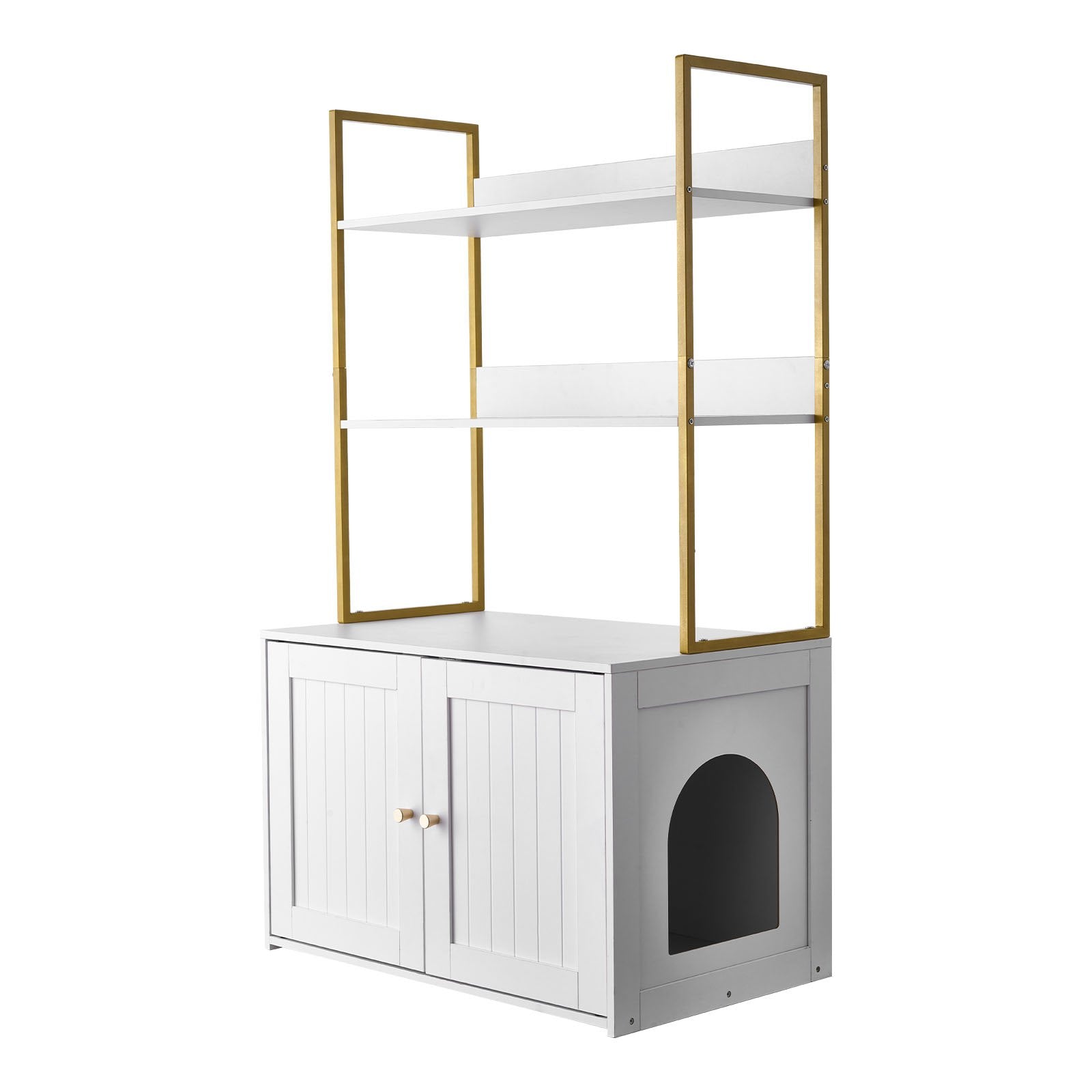 Modern Cat Litter Box Enclosure Cabinet with Metal Legs, Hidden Washroom Furniture, 2-Tier Shelves, Waterproof Housing Solution