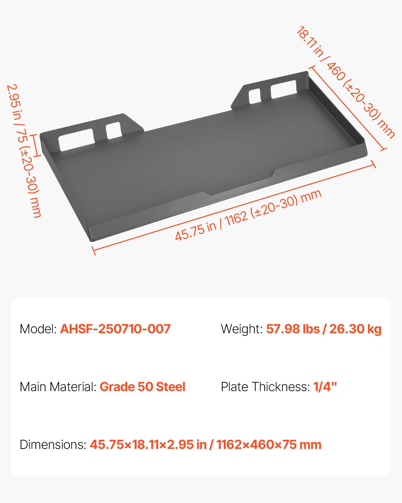 Universal 1/4" Skid Steer Mount Plate, 3000lbs Capacity, Heavy Duty Steel, Quick Attach for Kubota Bobcat Tractors, Easy Bolt Installation