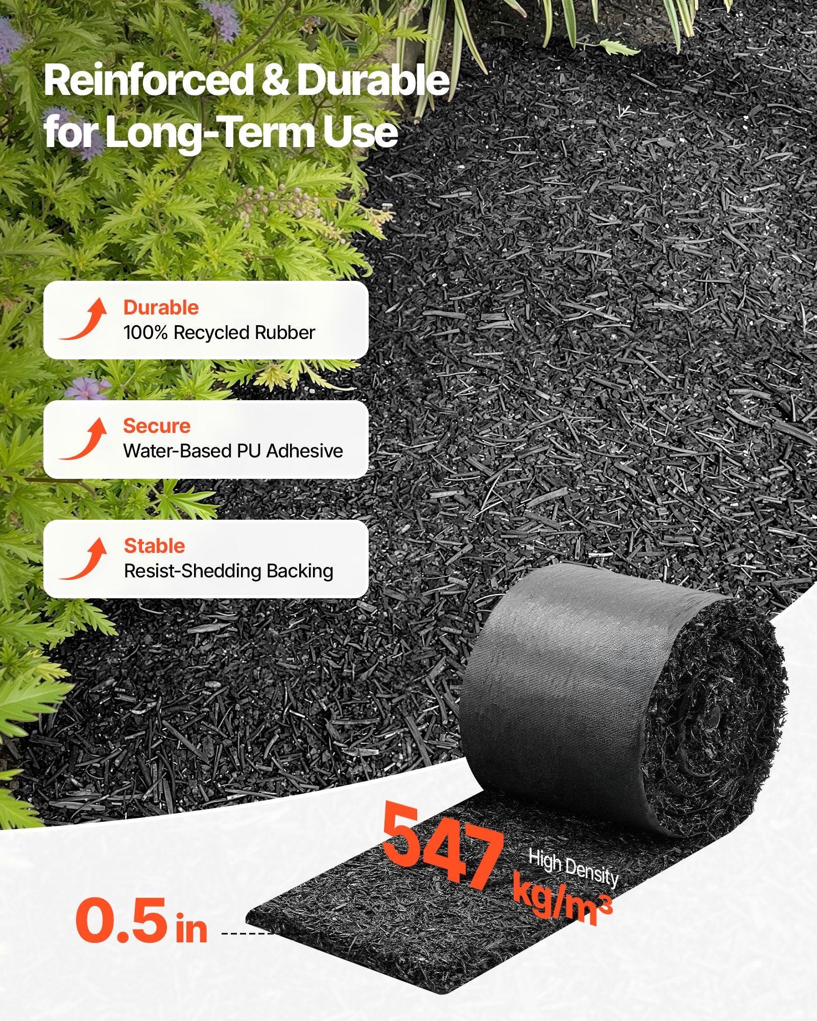 Eco-Friendly Recycled Rubber Mulch Mat Roll, 140 x 4.5 in - Durable Garden Edging, Weed Barrier with Stakes, Easy Install, All-Weather Landscaping Solution