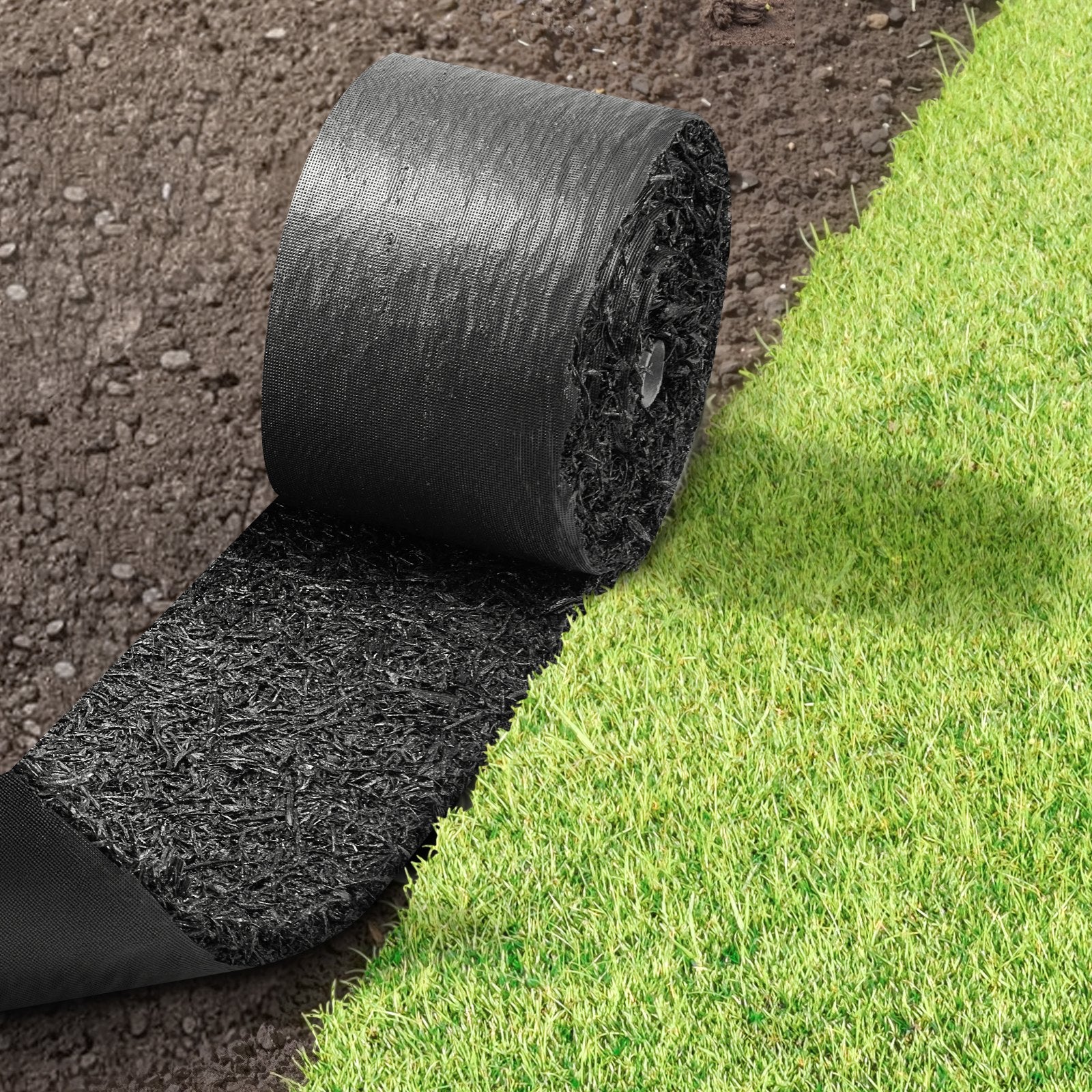 Eco-Friendly Recycled Rubber Mulch Mat Roll, 140 x 4.5 in - Durable Garden Edging, Weed Barrier with Stakes, Easy Install, All-Weather Landscaping Solution