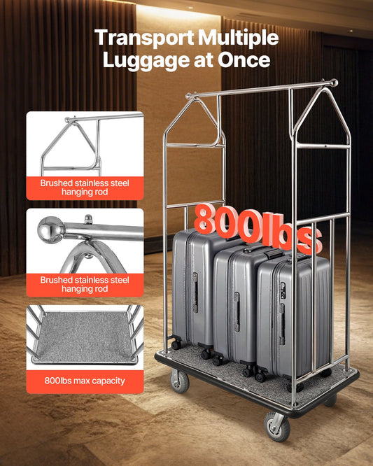 Premium Hotel Luggage Cart - 800 LBS Capacity, Stainless Steel Bellman Valet with Grey Carpet, 6" Rubber Wheels, Ideal for Resorts & Condos