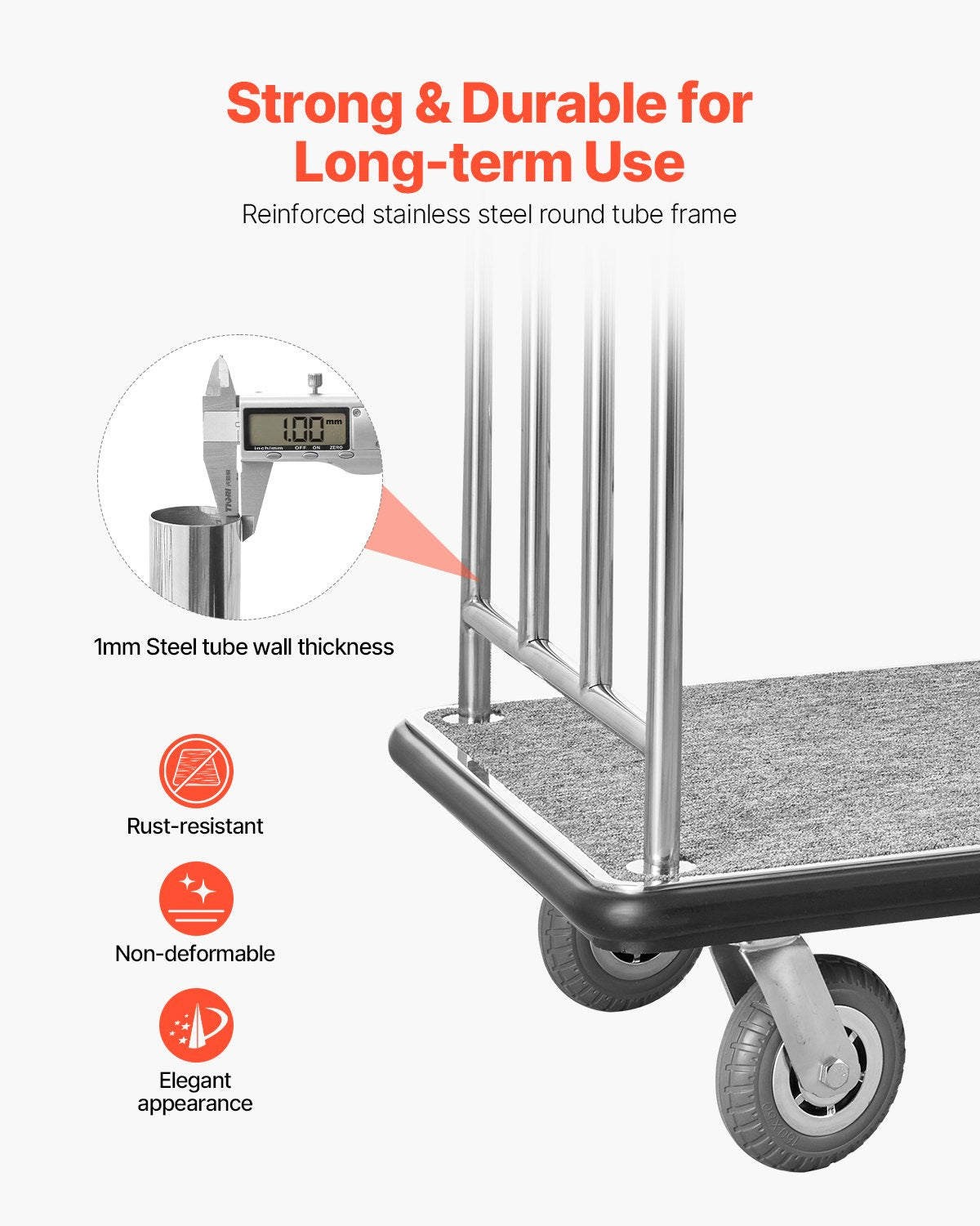 Premium Hotel Luggage Cart - 800 LBS Capacity, Stainless Steel Bellman Valet with Grey Carpet, 6" Rubber Wheels, Ideal for Resorts & Condos