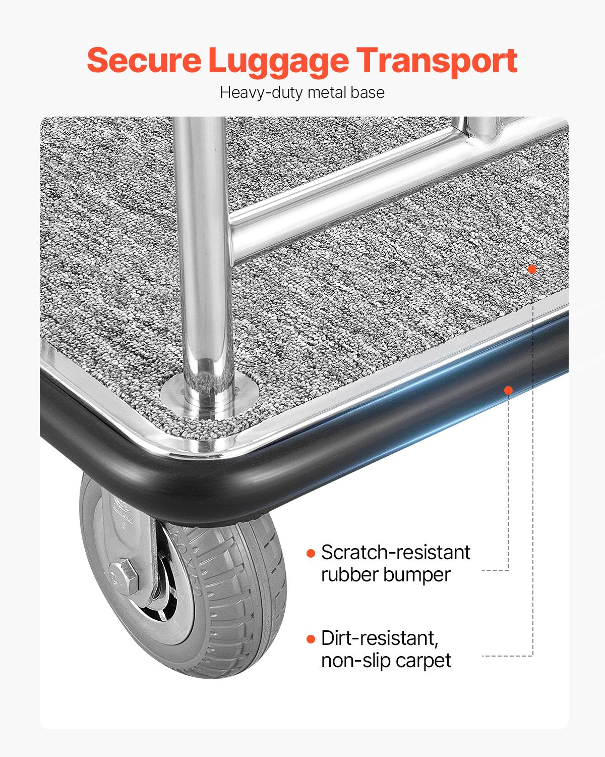 Premium Hotel Luggage Cart - 800 LBS Capacity, Stainless Steel Bellman Valet with Grey Carpet, 6" Rubber Wheels, Ideal for Resorts & Condos