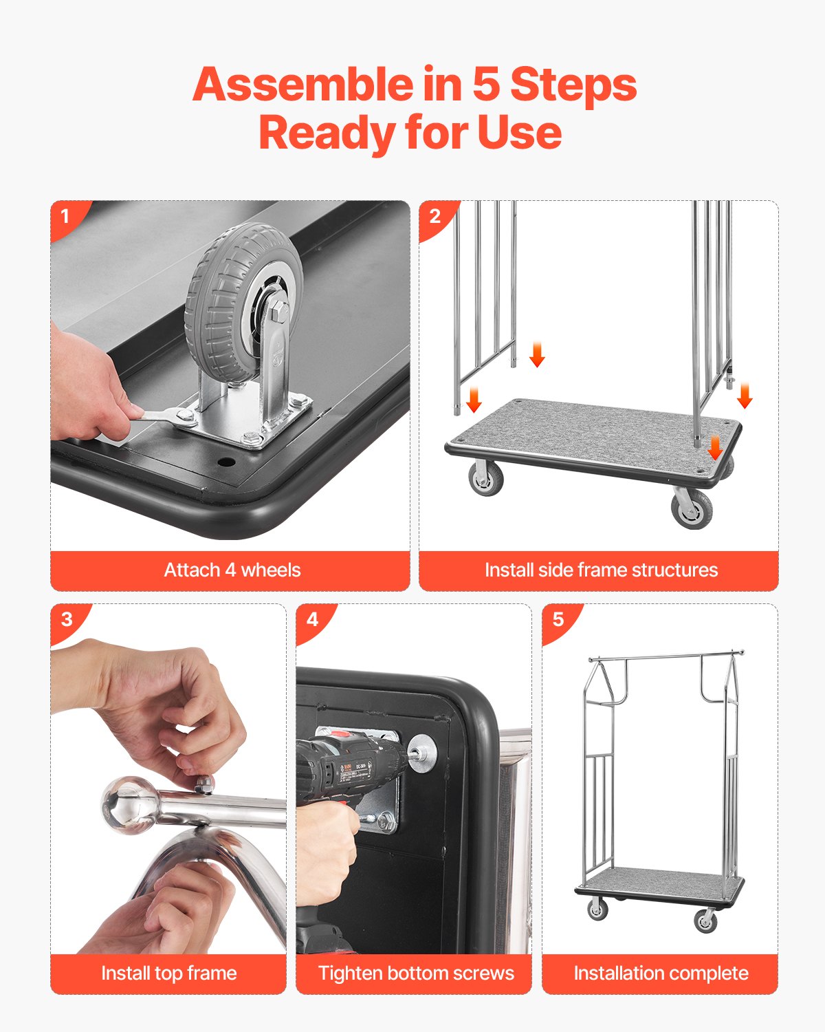 Premium Hotel Luggage Cart - 800 LBS Capacity, Stainless Steel Bellman Valet with Grey Carpet, 6" Rubber Wheels, Ideal for Resorts & Condos