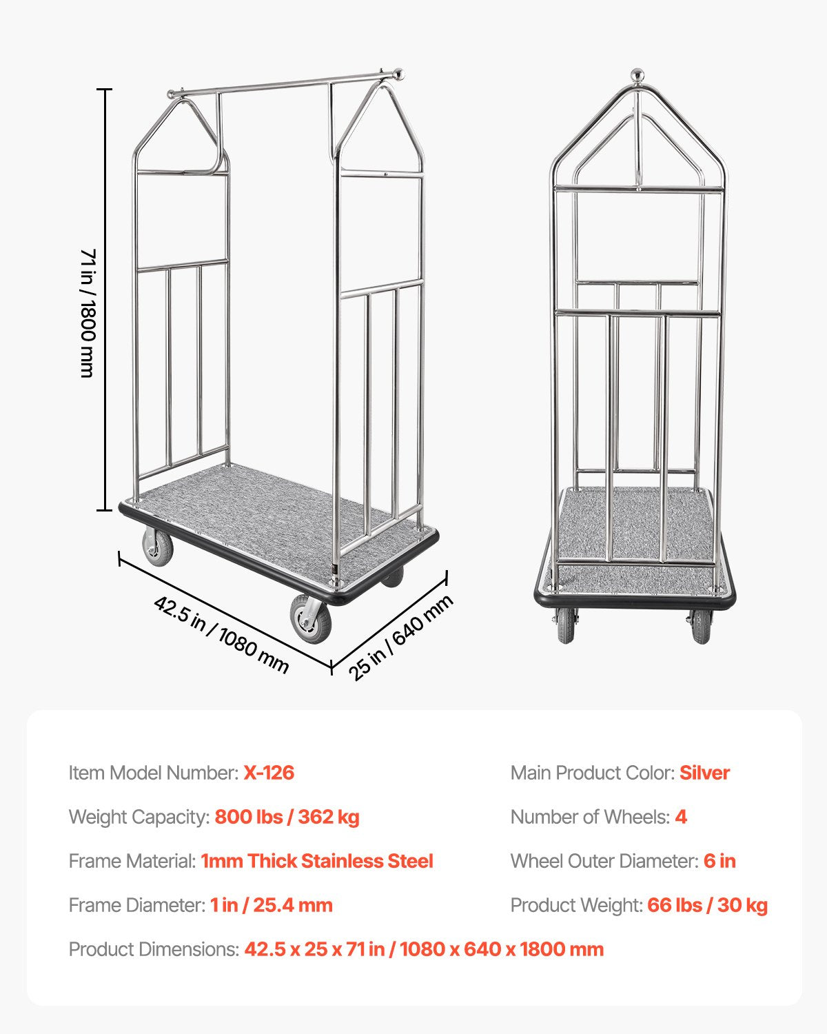Premium Hotel Luggage Cart - 800 LBS Capacity, Stainless Steel Bellman Valet with Grey Carpet, 6" Rubber Wheels, Ideal for Resorts & Condos